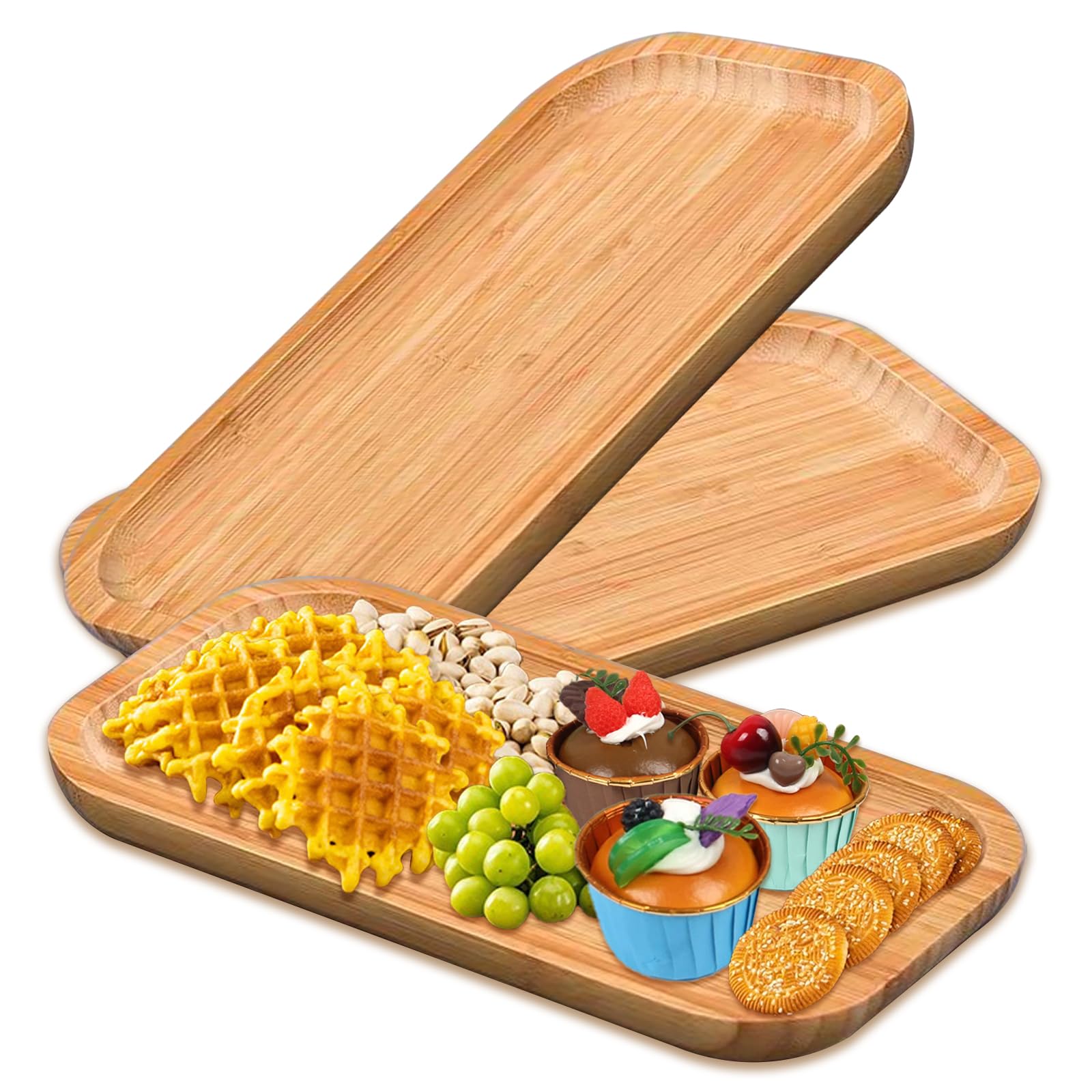 Photo 1 of 2 Pack Bamboo Trays Cheese Plate,10 Inch Rectangular Food Serving Saucer Wood Platte for Serving Food for Charcuterie Tea Coffee Snack Bread Fruit Appetizer Plant Pot