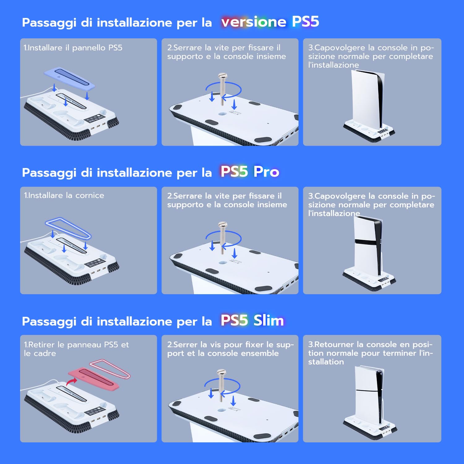 Wigearss Supporto Verticale Raffreddamento PS5/PS5 Slim/PS5 Pro con Doppio Caricatore Controller, Base di Ricarica Joystick PS5 con Ventola Raffreddamento, Illuminazione RGB per PS5/PS5 Slim/PS5 Pro