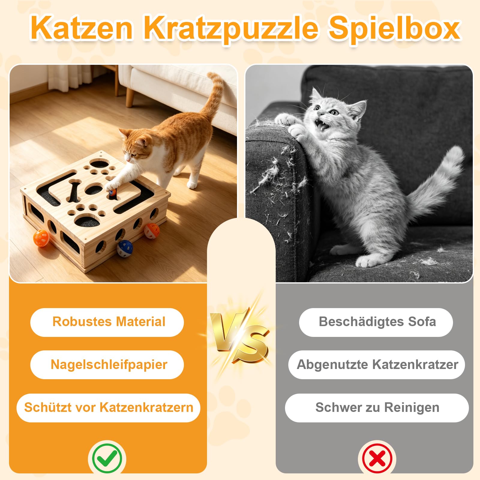 2-in-1 Kratzpuzzle Katzen Set, Katzen Kratzbrett mit Sandpapier, 3 Glockenbällen， Feder und 4 Antirutschmatte, Interaktives Kratzboxen für Katzen Spielen, Entspannen und Krallenwetzen 30x25x8cm