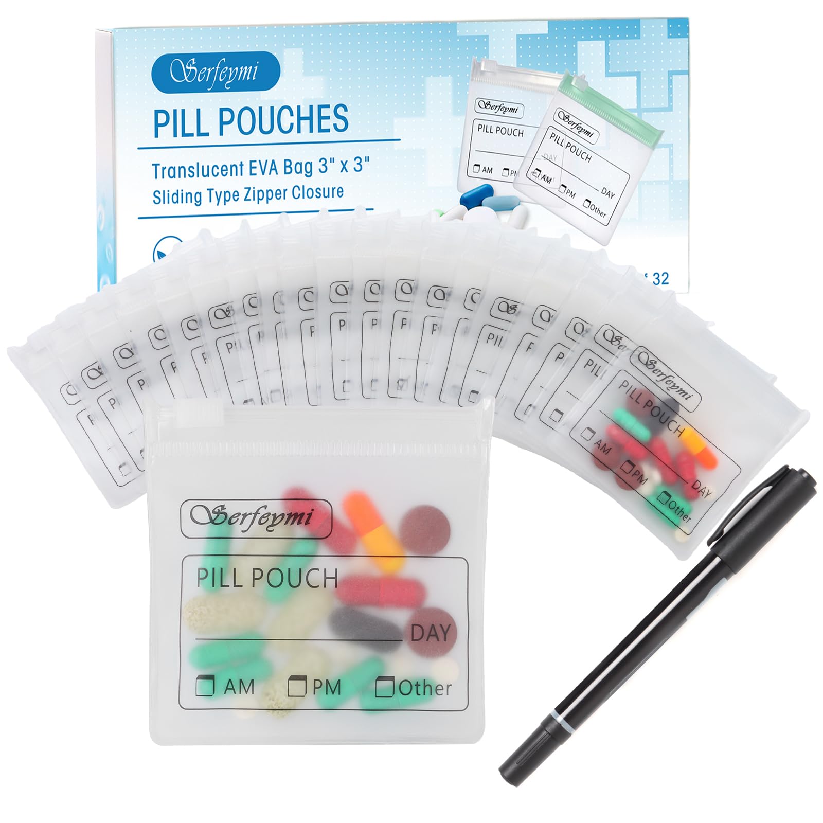 Serfeymi 32 Pcs Pill Pouches Bags for Travel 3 x 3 in 12 mil(Double Sided)
