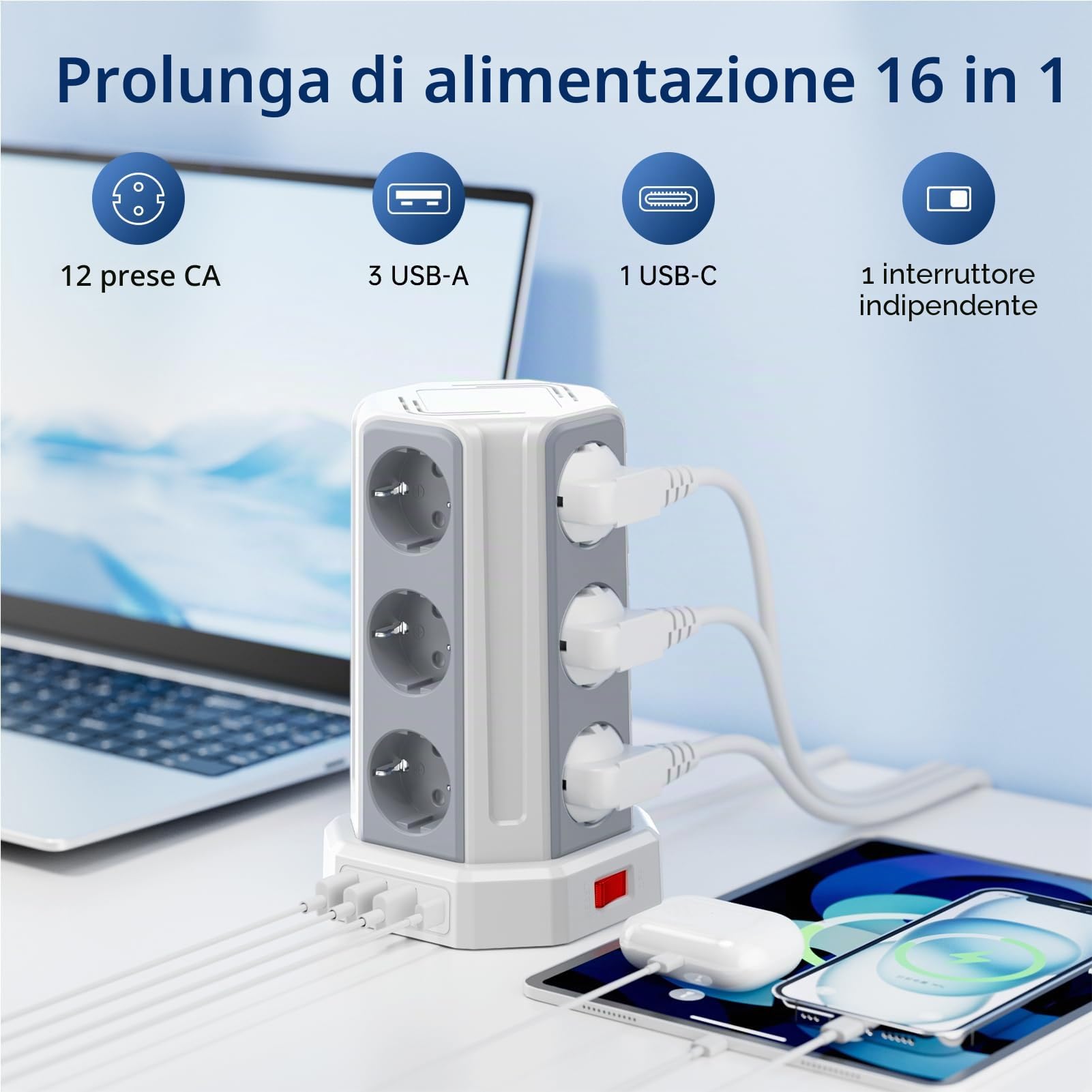 Sameriver, Ciabatta multipla con interruttore, 12 prese, con 3 USB A+1 USB C, ciabatta con cavo di prolunga da 5 m, protezione da sovratensione per casa, ufficio F (Schuko)