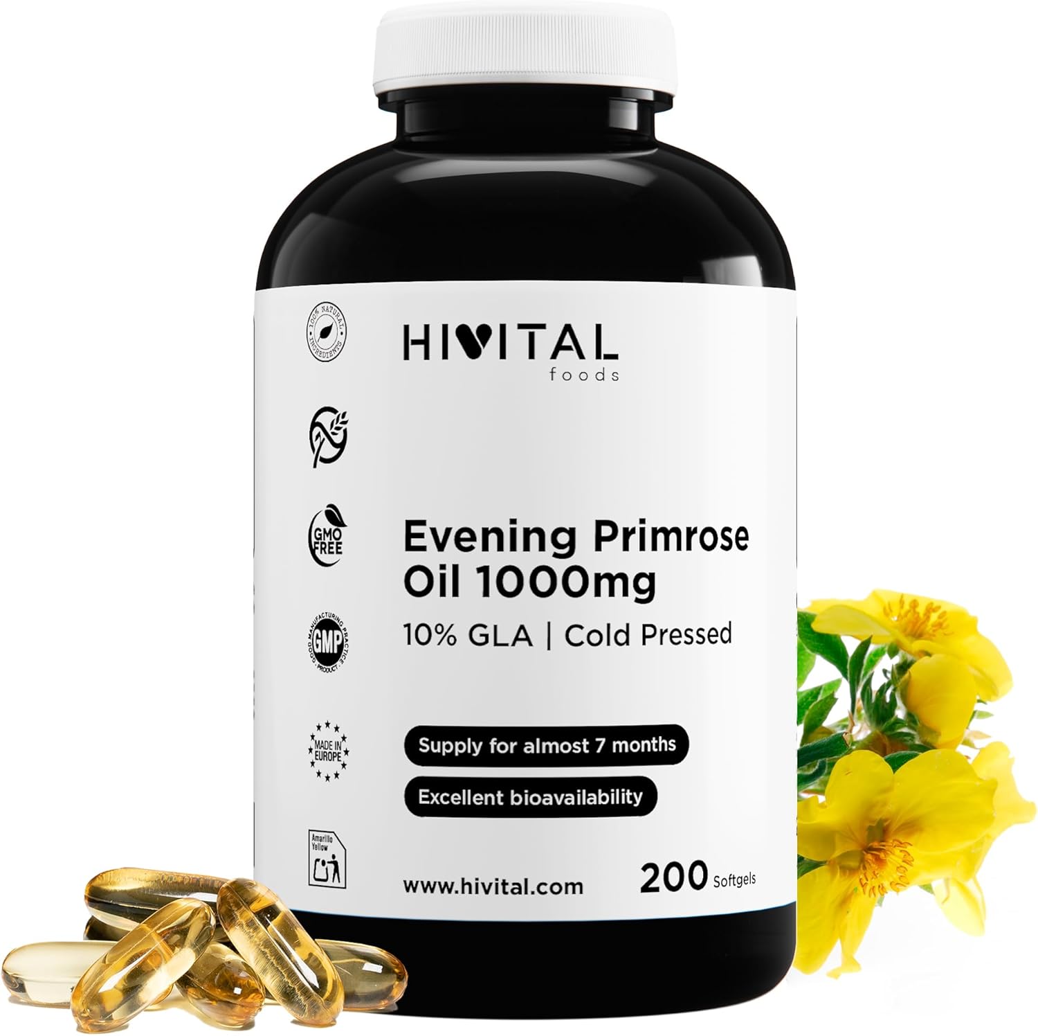 Evening Primrose Oil 1000mg with 10% Omega 6 GLA. 200 beads of natural cold-pressed oil. For more than 6 months of treatment. Contains 10% GLA and vitamin E. Made in Europe by HIVITAL