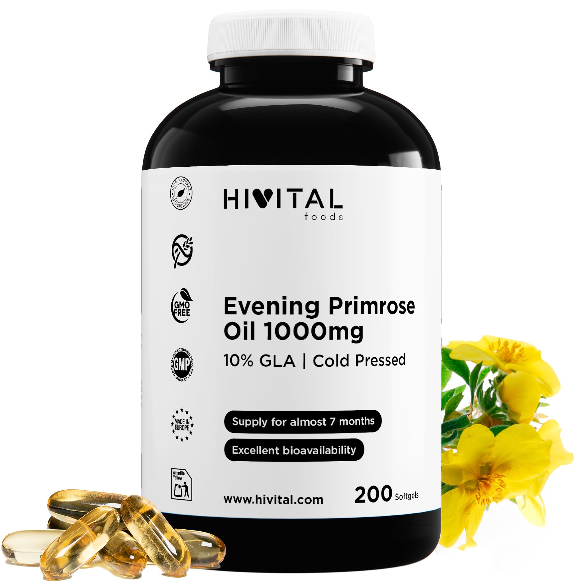 Nachtkerzenöl 1000 mg mit 10% Omega 6 GLA. 200 Perlen aus kaltgepresstem Naturöl. Bei einer Behandlung von mehr als 6 Monaten. Enthält 10% GLA und Vitamin E. Hergestellt von HIVITAL