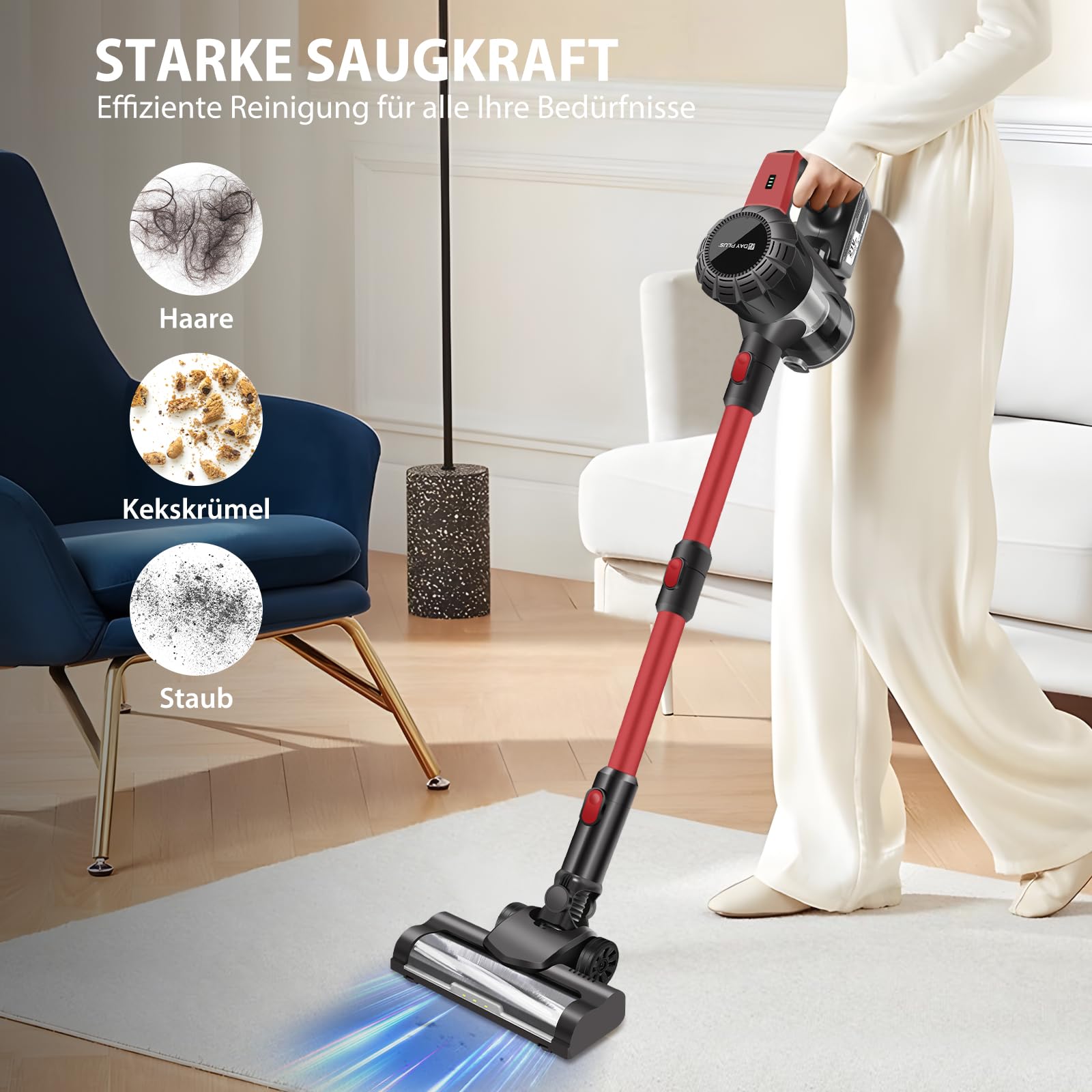 Kabelloser Stabstaubsauger, 15KPA aufrechter Staubsauger mit 3,0Ah-Akku, LED-Licht, 2 Geschwindigkeiten Ideal für Tierhaare, Teppiche und Hartböden