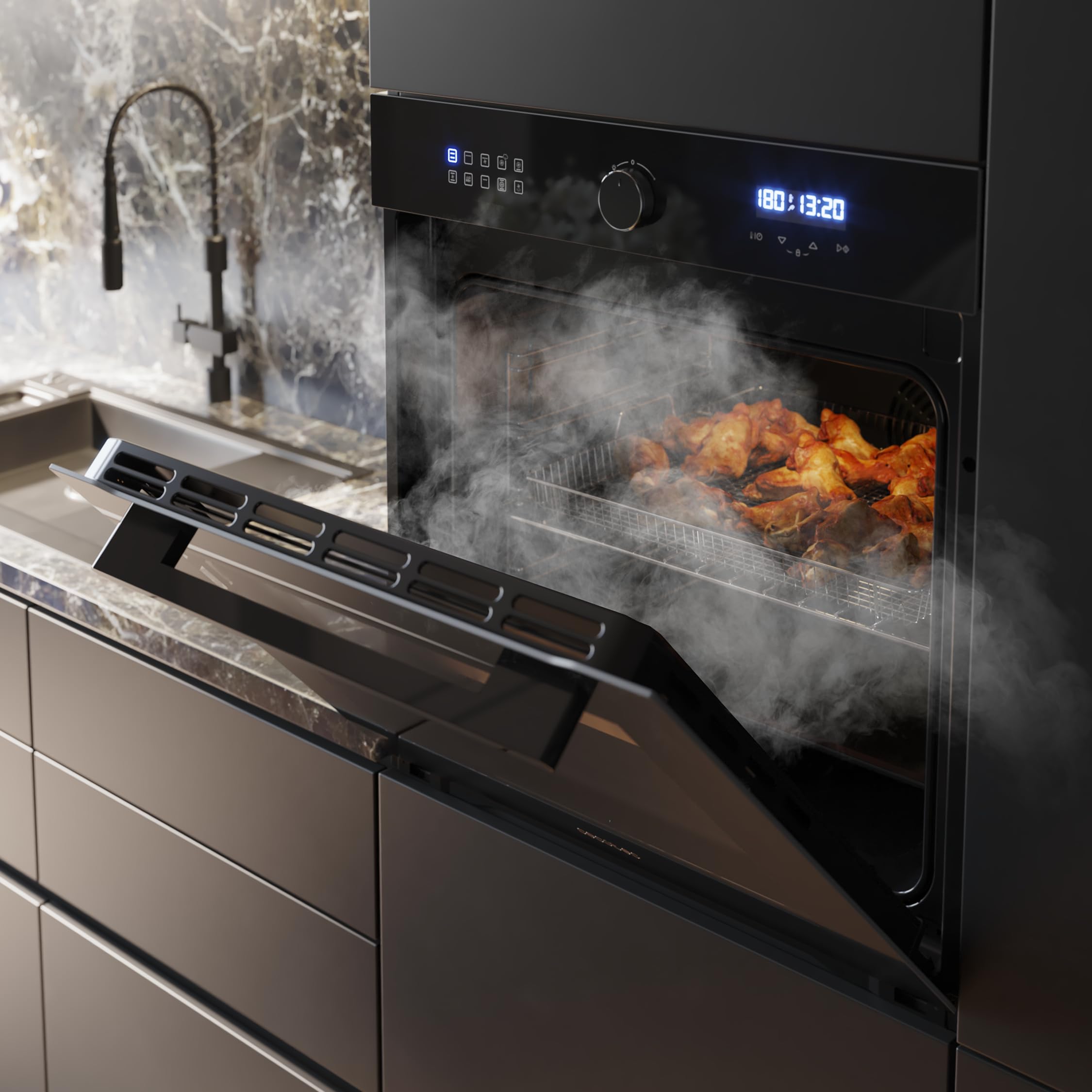 Cecotec Horno Integrable Multifunción 60cm Bolero Hexa AF316000 Glass Black A 3400W, 81L Capacidad, 11 Funciones con Airfryer Master, Pizza Master, Steam Asisst, Steam EasyClean, 3D Cooking, Defrost