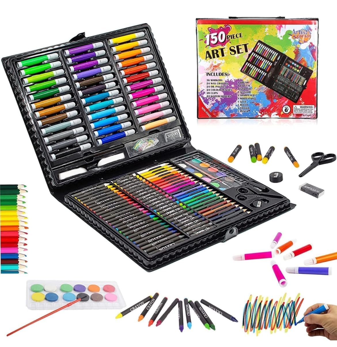 Parssufy 150 Pieces Art Set for Kids with Case, Art and Craft Supplies Kit for Drawing and Painting, Color Set with Markers, Water Colors, Brush, Color Pencils, Crayons (151 pcs black)-image-42