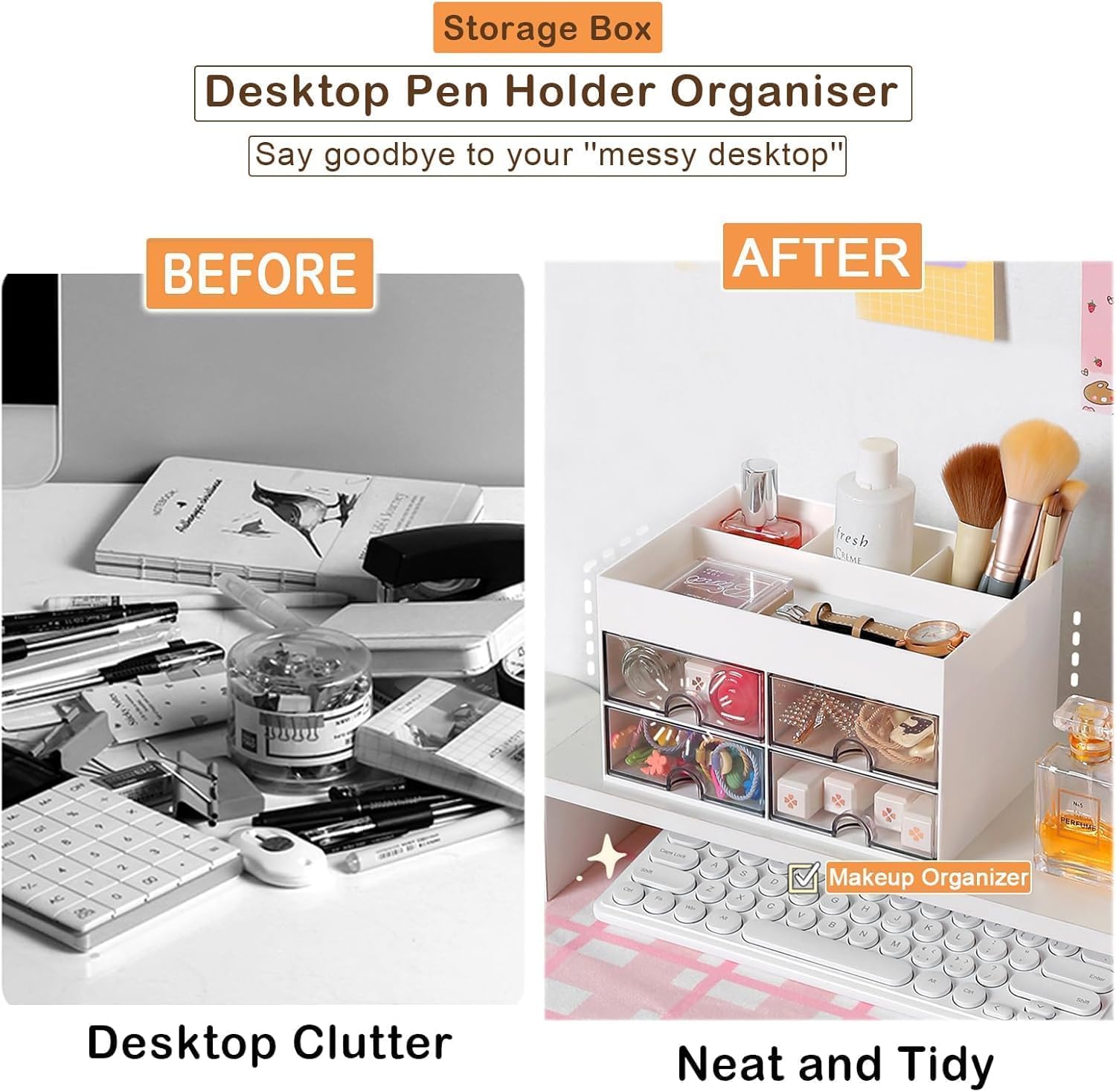 Zollyss Organizer da scrivania multifunzionale in plastica con 4 scomparti e 4 cassetti, organizer da scrivania per articoli di cancelleria, organizer per cosmetici, per penne, cucitrici, clip