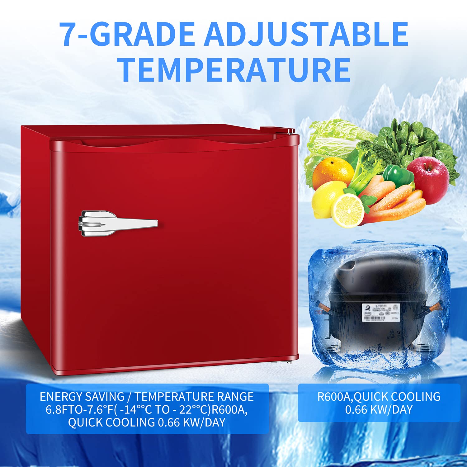 Antarctic Star Mini Upright Freezer -2.3 Cu.Ft Compact Freezer With Removable Shelves And Adjustable Thermostat,For Home/Kitchen/Office(Red) on Fridge.com - View 6