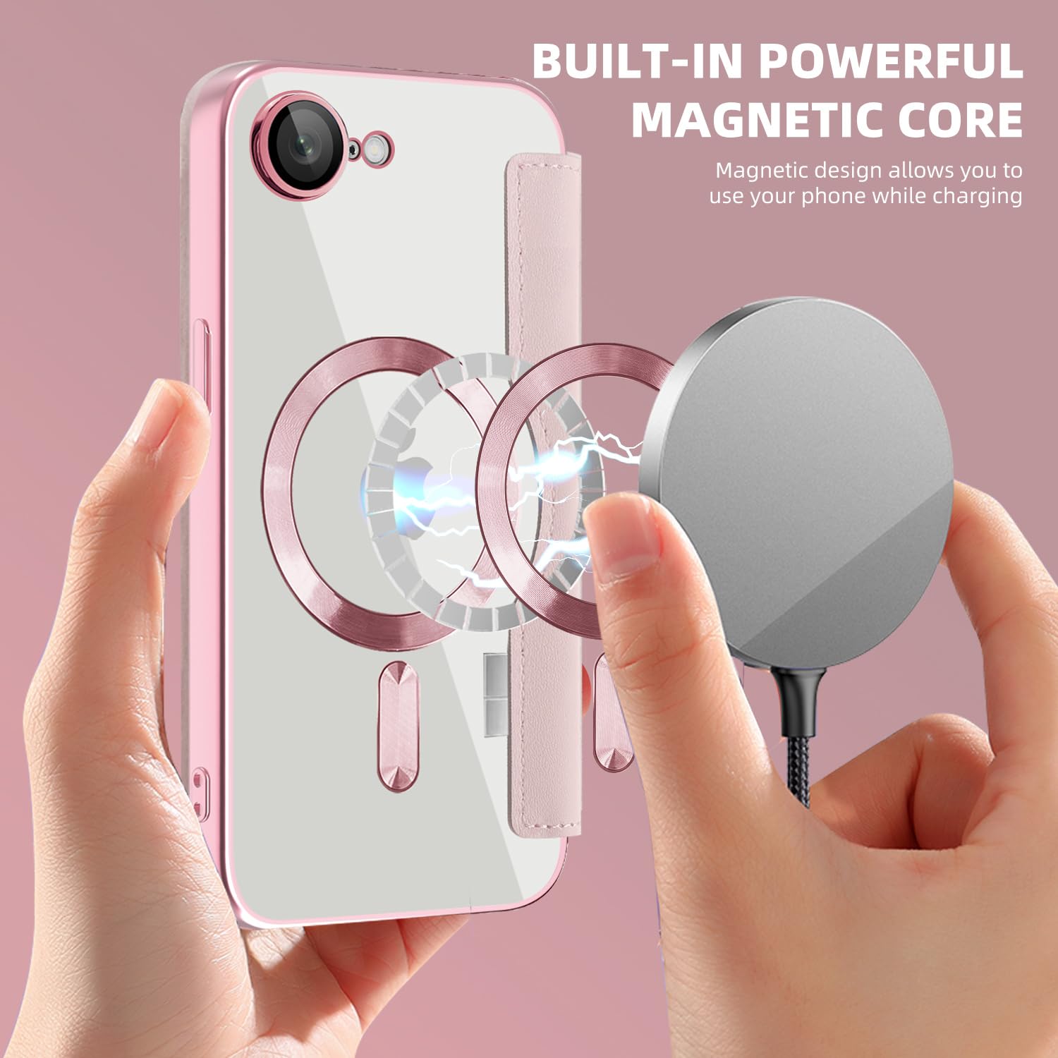 Coque Magnétique pour iPhone 16E / 17E Compatible avec MagSafe, RFID Blocage, Dos Transparente Antichoc Flip Étui en Cuir Portefeuille avec Cartes Housse Case pour iPhone 17E, Rose JD