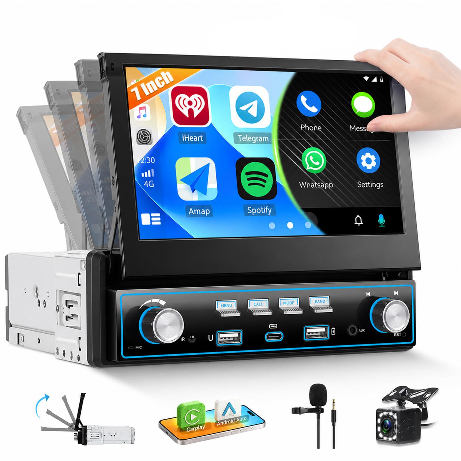 CAMECHO 1 DIN Autoradio con Pantalla Emergente 7 Pulgadas con CarPlay Inalámbrico, Android Auto, Bluetooth y USB Tipo C (Carga rápida 3A), Radio FM, con Cámara Trasera y Entrada AUX