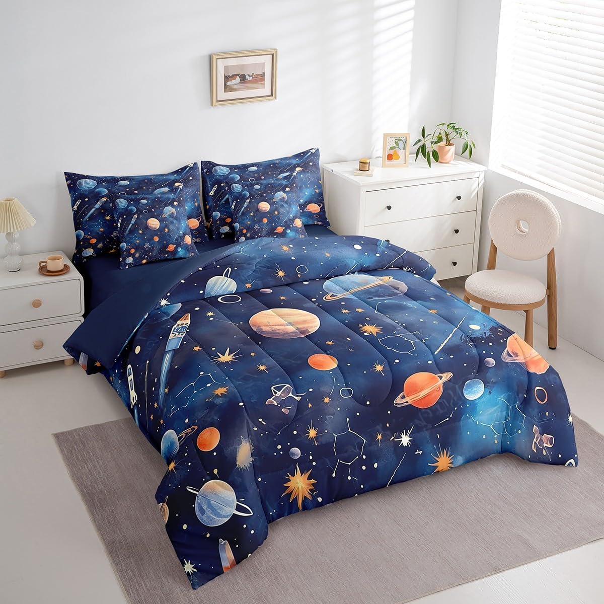 Feelyou Solar System Bedding Set Queen Size Constellation Comforter Set 7 Pieces Galaxy Outer Space Universe Planets 3D Printed Space Bed in a Bag Blue Bed Set with Comforter, Sheet Set, Pillowcases