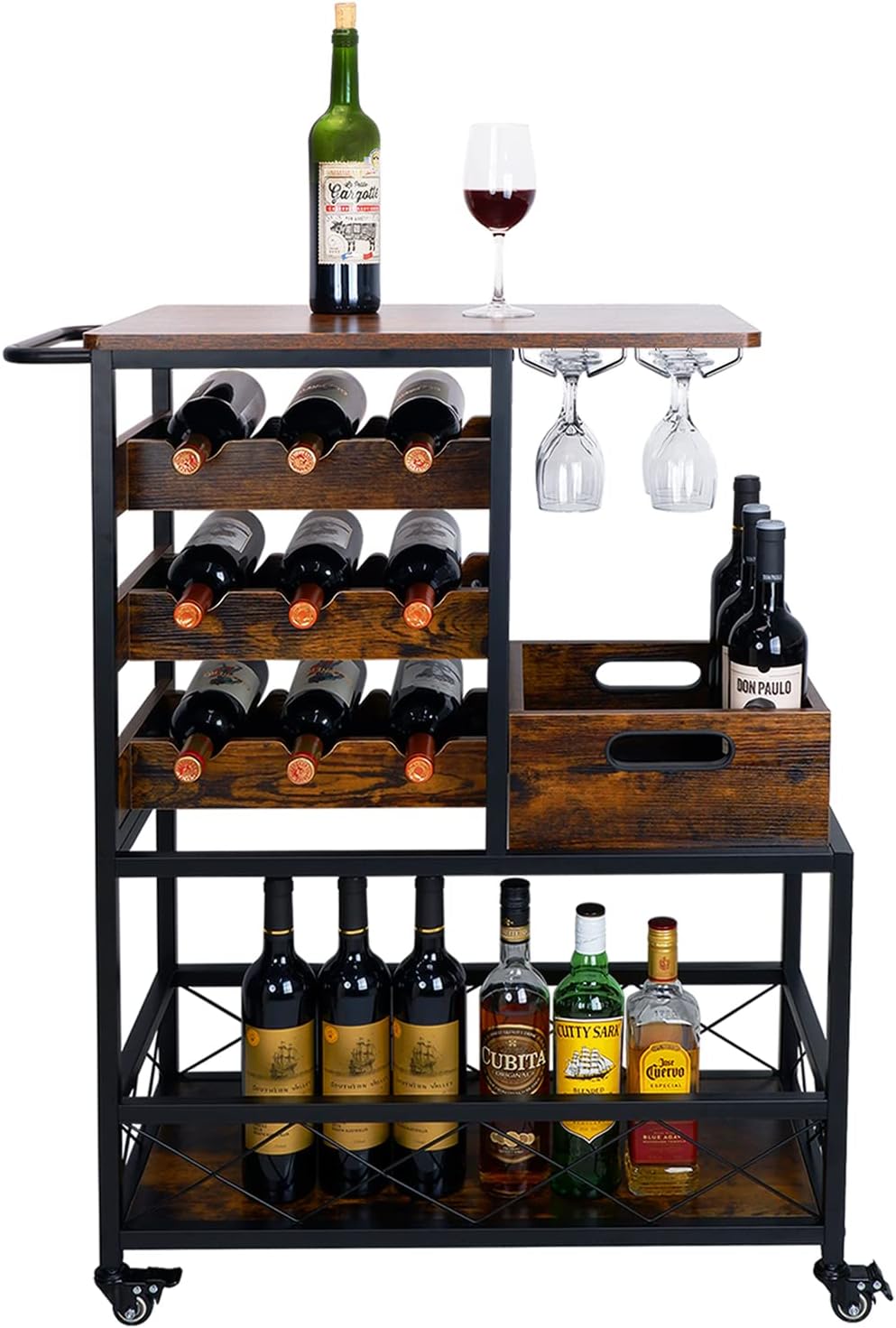Farmhouse Bar Cart, Mobile Bar Serving Cart, Industrial Style Wine Cart for Kitchen, Beverage