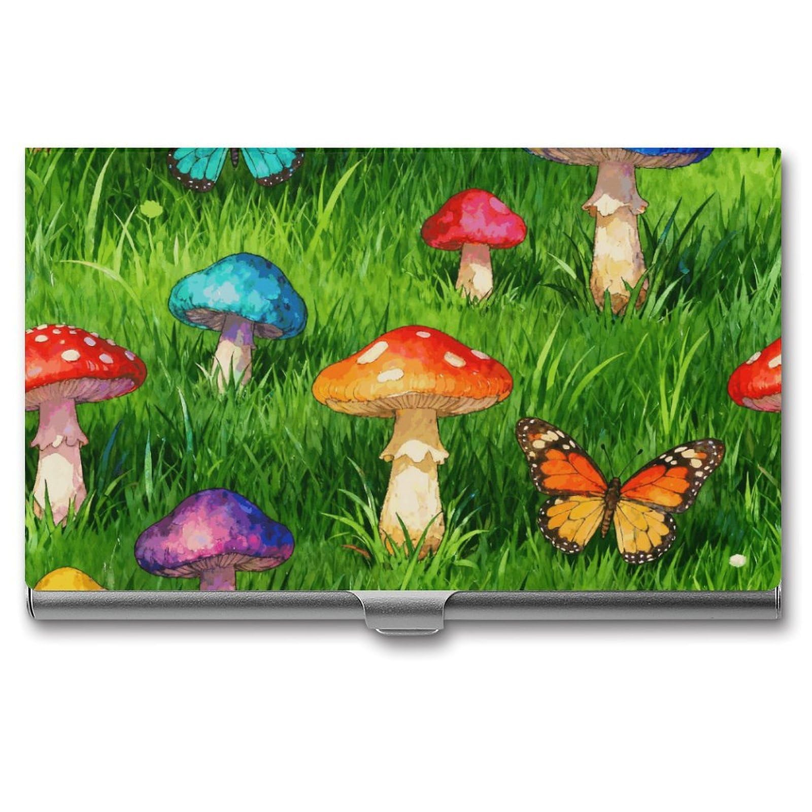 DWVTSLH Mushroom Forest Green Business Card Holder, Slim Portable Metal Business Card Case Pocket Wallet Professional Name Cards Holder for 22-30 Cards, Credit Card ID Case/Holder for Men Women