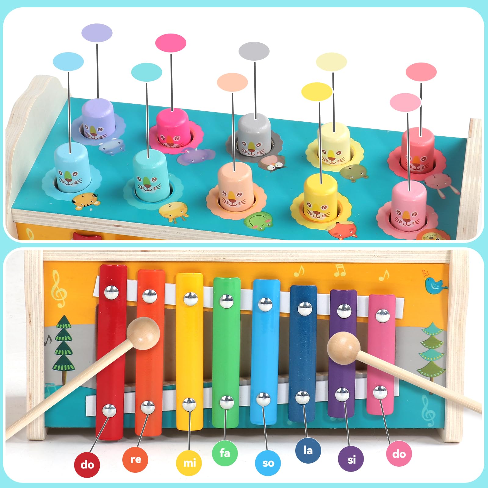 jerryvon Giochi Bambina 1 Anno Xilofono Bambini 4 in 1 Giocho Legno Bambini Giochi Montessori 1 2 Anni con Acchiappa La Talpa Giocho Educativi 1 Anno per Regalo Natale Bambino Bambina 2 3 Anni
