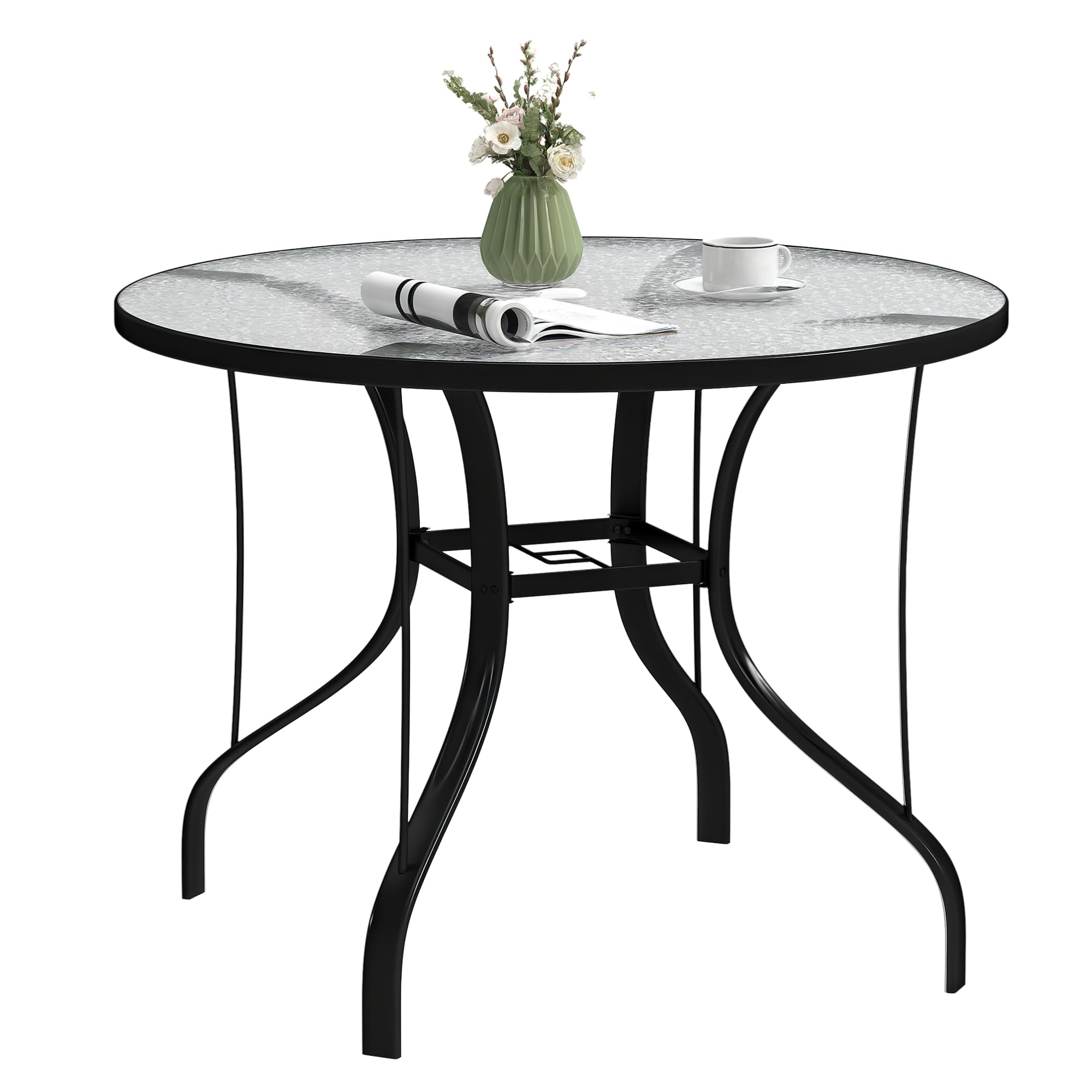 Outsunny Table de Jardin Ronde Ø96.5x71 cm Verre Trempé Métal Noir avec Trou pour Parapluie