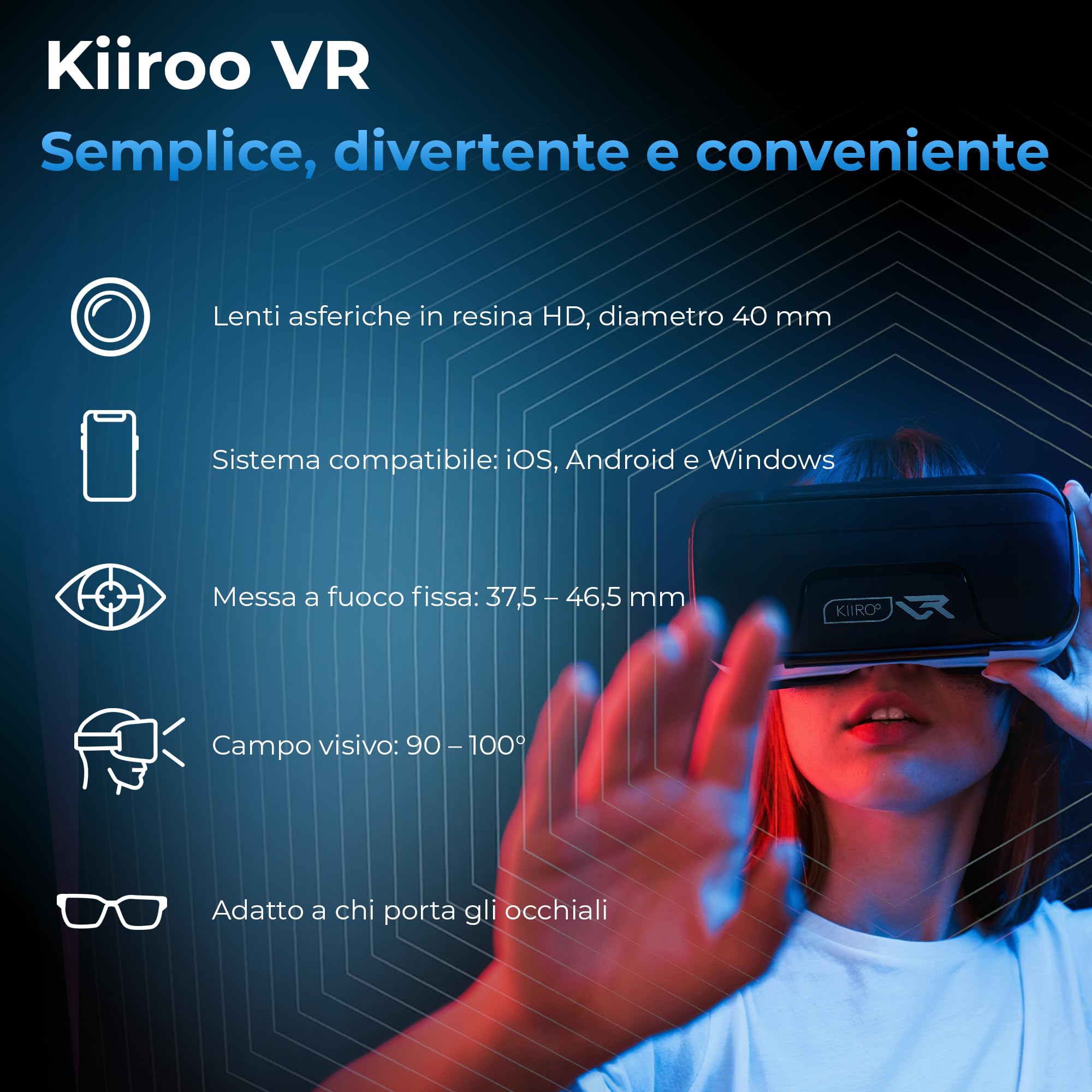 KIIROO Visore Realtà Virtuale per Smartphone – Occhiali VR Regolabili Compatibili Android iOS Nero, Lenti Regolabili e Fascia Comfort per Esperienza Immersiva con Contenuti Video e Giochi VR