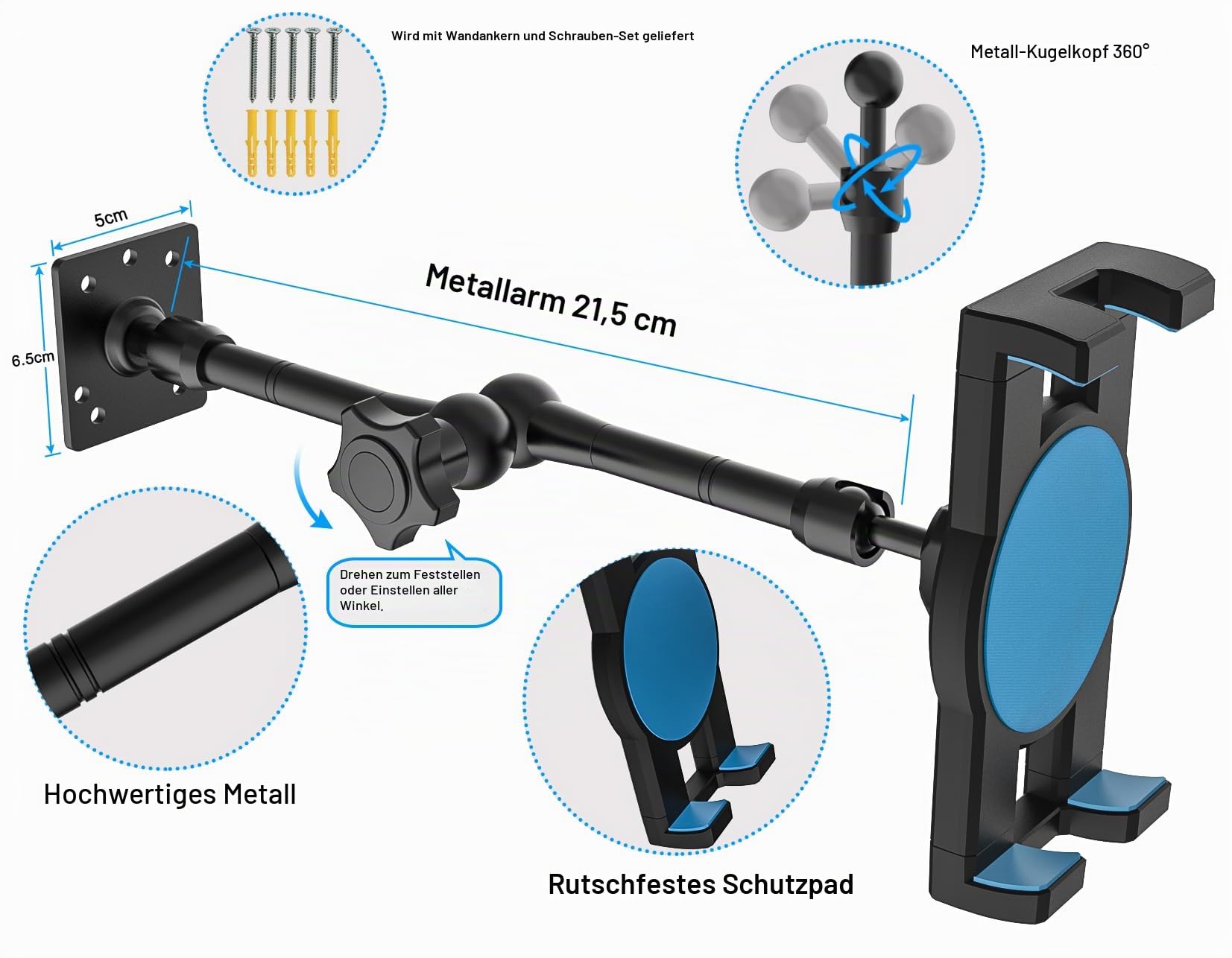 Tablet Wandhalterung Arm Verstellbarer, Wand iPad Halterung Schwenkarm, Metall Wand Halterung für Küche Schlafzimmer Theke für iPad Pro Air Mini, Switch, Lenovo, Galaxy Tab, Handy 4-12,9"
