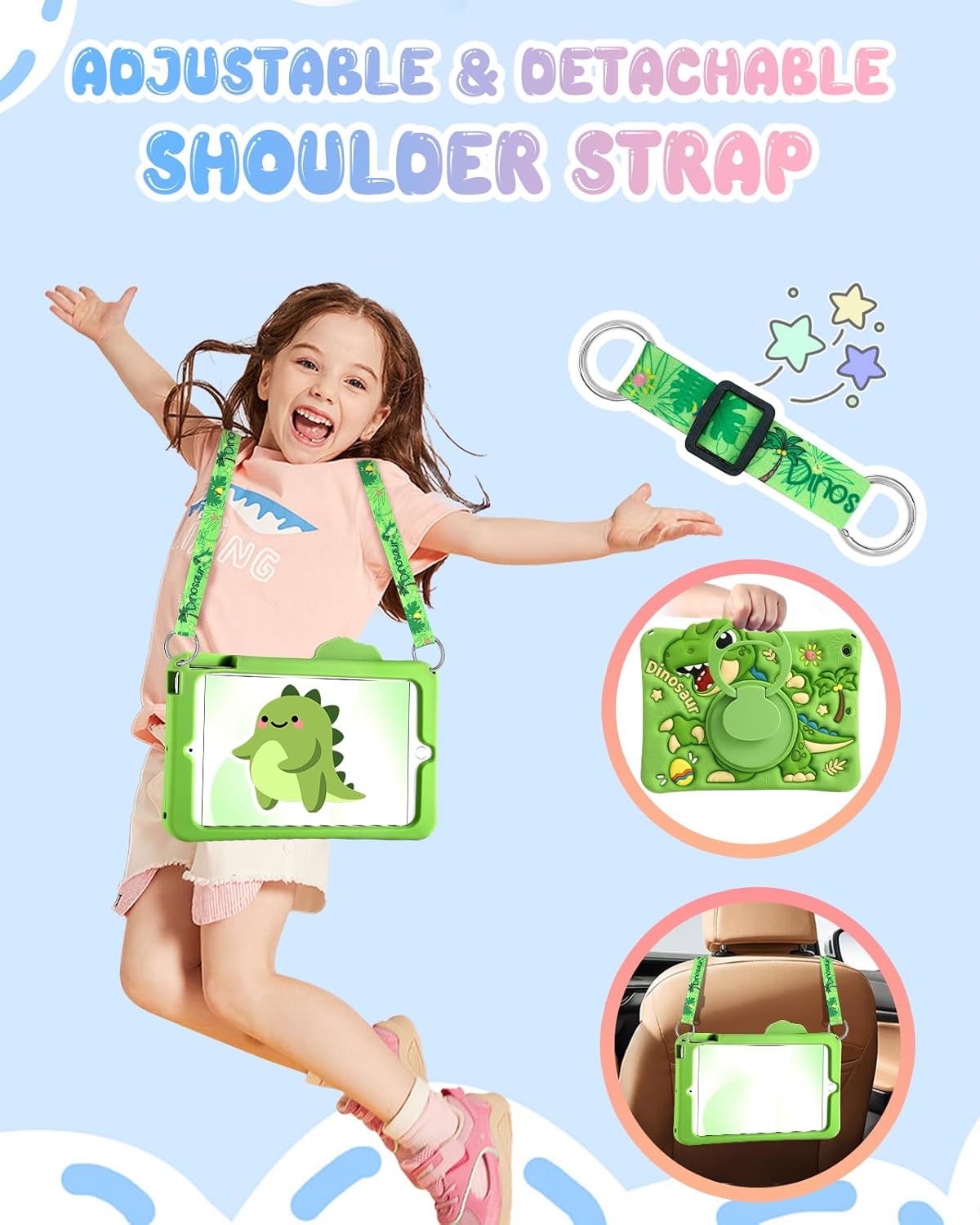 Boaretiu Tablet Case - Cute Cartoon Silicone Cover with Adjustable Shoulder Strap & Rotating Stand for Kids Boys Girls, for iPad 9th/8th/7th Generation 10.2 inch Case (2021/2020/2019), Green Dinosaur