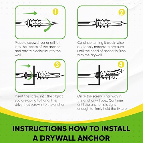 Miniatura 3 de Anclaje autoperforante de plástico y zinc para paneles de yeso con kit de tornillos, el paquete incluye 25 anclajes de plástico grandes y 25