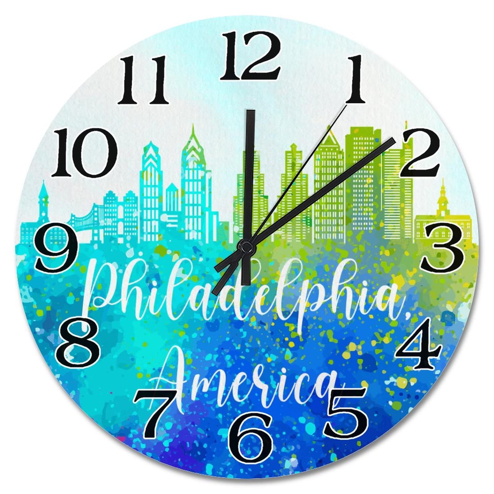 Horloge murale Philadelphie : l'horizon américain peint à piles 38,1 cm