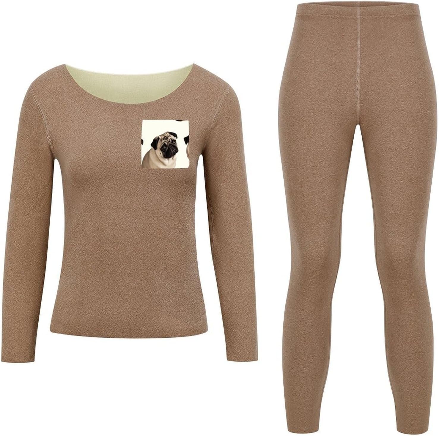 Women's Fleece Lined Thermal Set - Cold Weather Long Johns Ultra-Soft Pug Dog Printed Base Layer