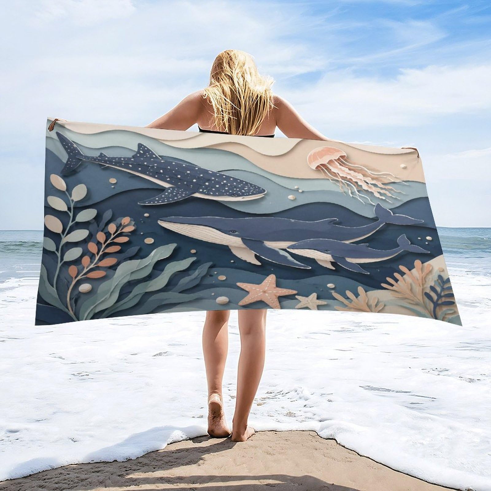 Anceky Whale Shark and Jellyfish Ocean Scene Beach Towel 30"×60",Soft Microfiber Bath Towel Shawl, Quick Dry Absorbent Pool Spa Gym Shower Towel