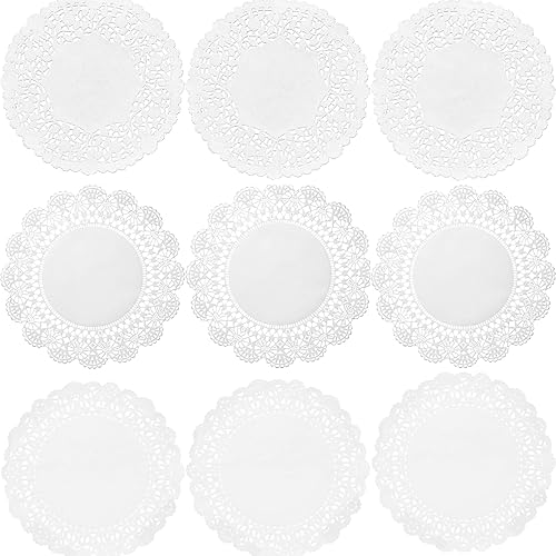 The Baker Celebrations Tapones de encaje de papel blanco de 6 pulgadas, paquete de 150, 3 diseños únicos (50 cada uno), tapetes redondos para