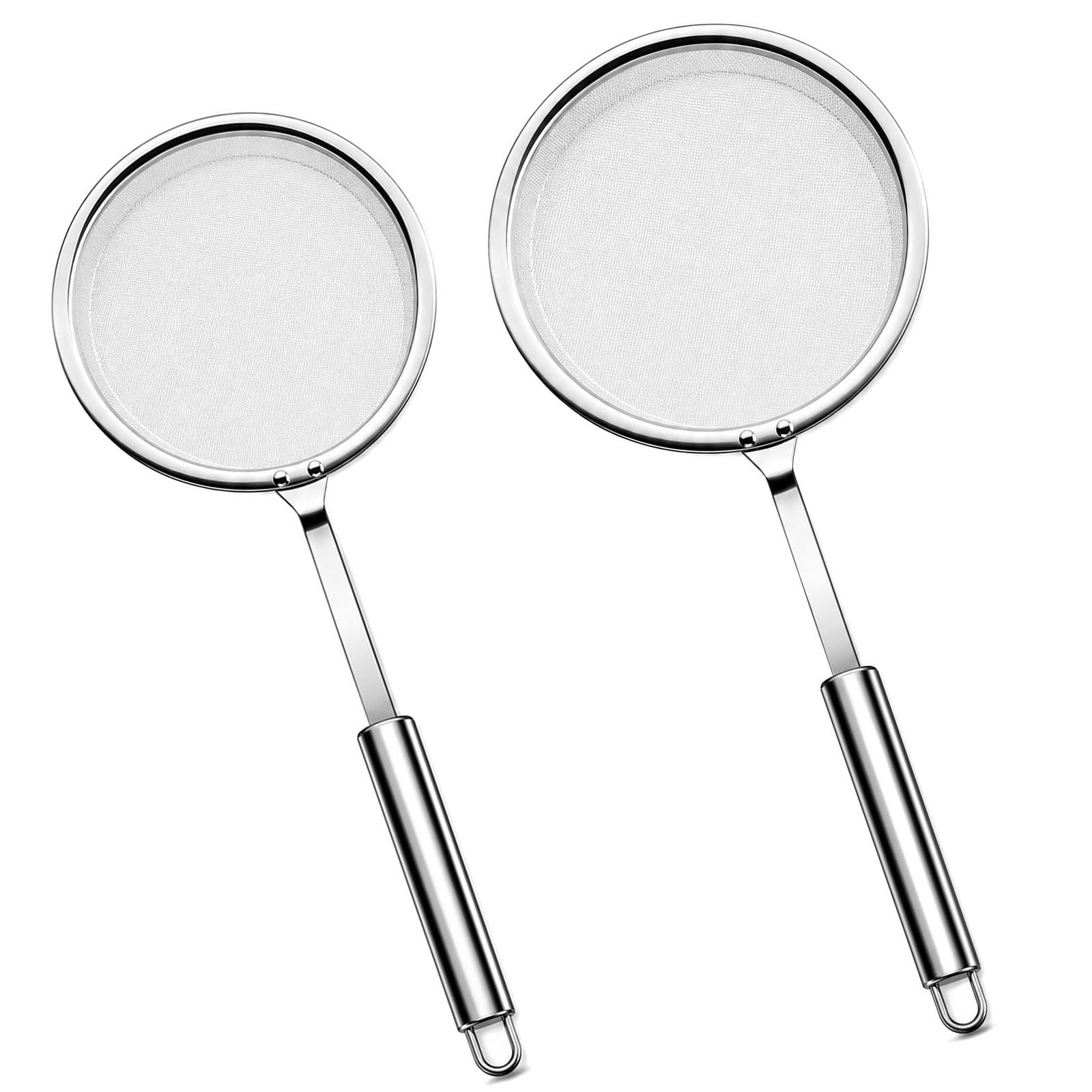 2 Pcs Fat Skimmer Spoon, Stainless Steel Fine Mesh Strainer, Oil & Foam Strainer for Cooking, Frying & Grease Removal, Large 14cm & Small 10cm with Long Handle