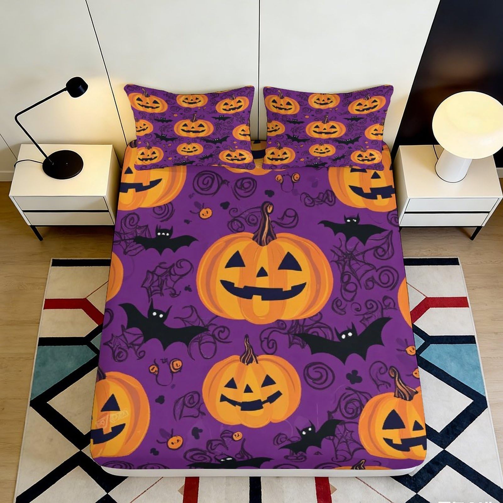 3D Printed Halloween Pumpkin Fitted Sheet Microfiber Soft Breathable Bat Bed Cover for Bedroom Dormitory Guest Room Mattress Protection Decor 180x200x25cm