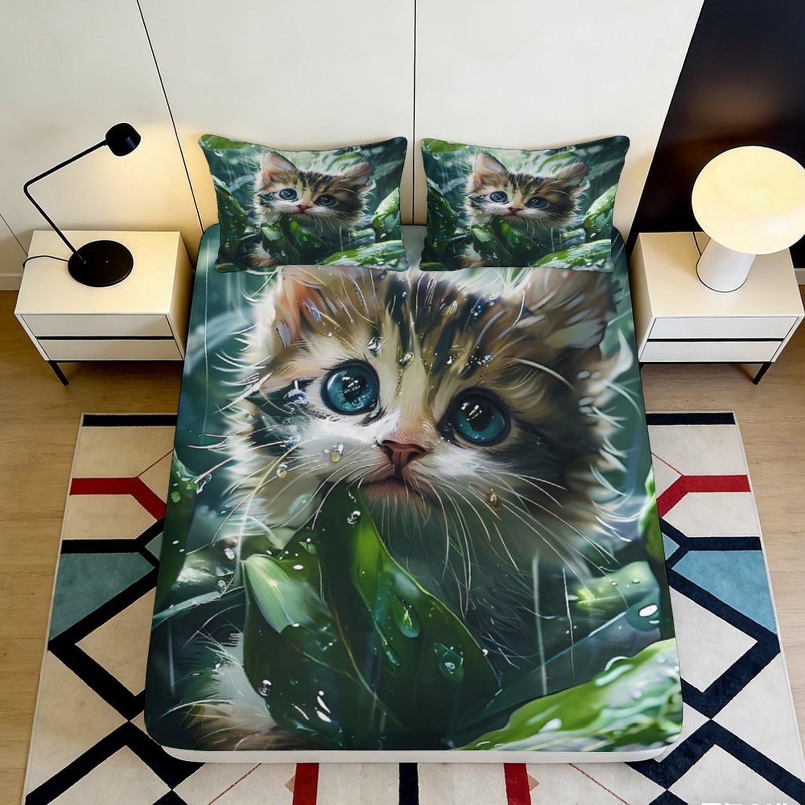 3D Printed Cute Kitten Fitted Sheet Microfiber Soft Waterproof Leaf Art Mattress Cover for Bedroom Guest Room Decor 160x200x25cm
