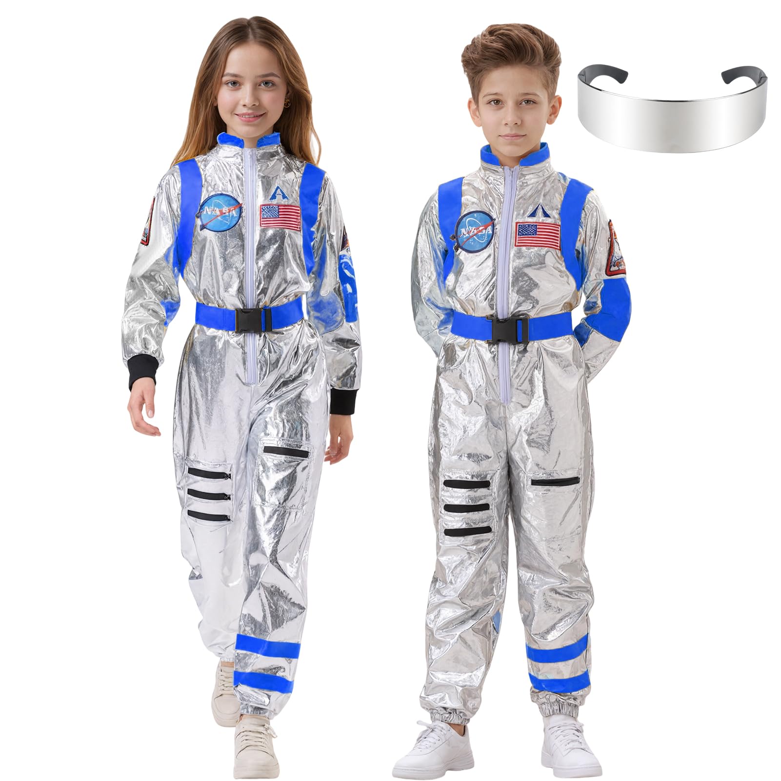 Astronaut Costume Kids Adult, Space Costume with Glasses Boys Girls Men Spaceman Jumpsuit Fancy Dress Carnival Halloween Party (Blue-Kids, M)