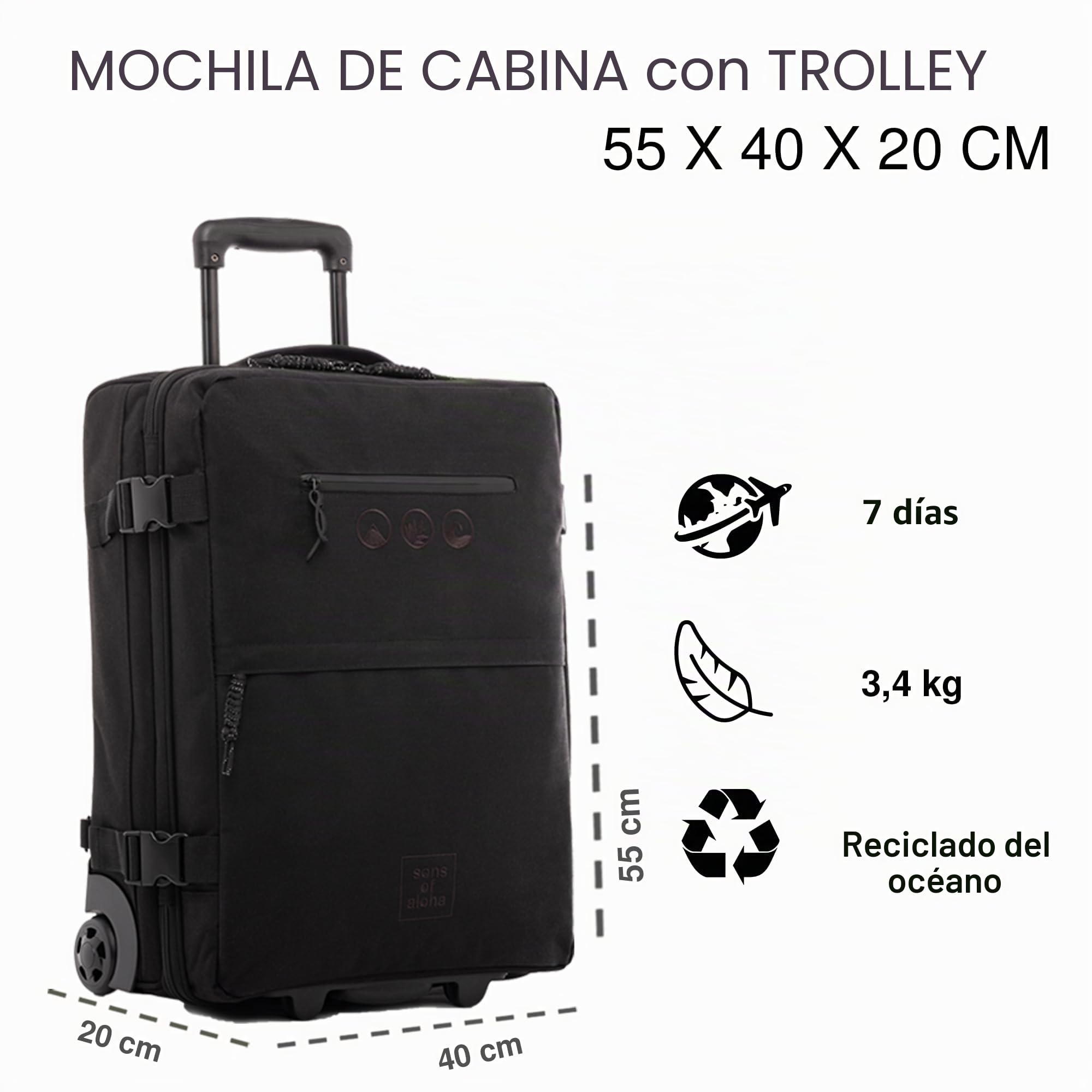 SONS OF ALOHA Mochila para mochileros con Ruedas 3 en 1 - Equipaje de Mano Kane Hybrid Backpack - Equipaje de Cabina con Ruedas, 55 x 40 x 20 cm - Pet Reciclado e Impermeable, Negro