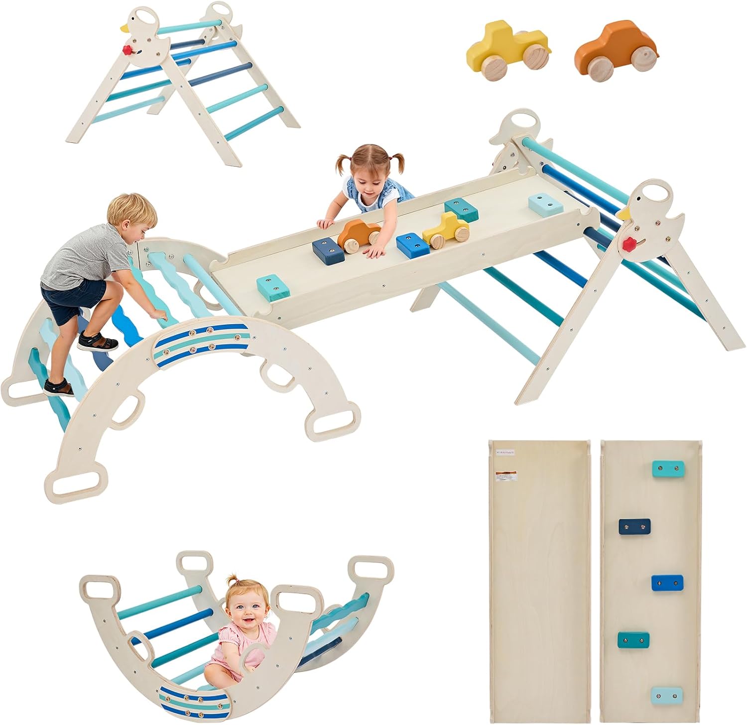 Pikler Triangle Set, Toddler Climbing Toys and Play Structure Indoor, 9-in-1 Wooden Montessori Climbing Set with Arch, Ramp and Ladder, Foldable Baby Jungle Gym