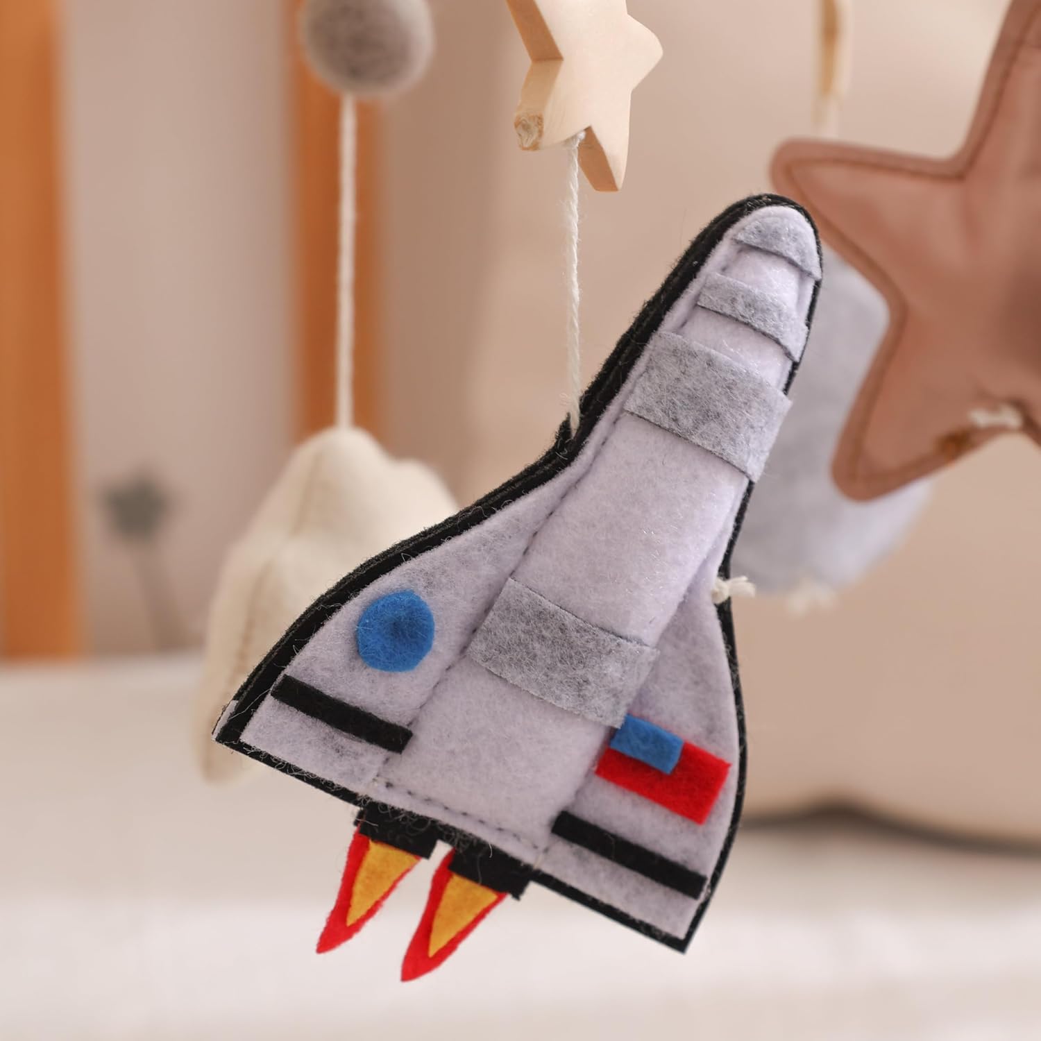 Baby Mobile for Crib – Handmade Space Baby Crib Mobile with Astronaut, Rocket & Planets, Nursery Mobiles Felt & Leather Hanging Toy with Beech Wood Ring, Mobile for Crib Bassinet Decor