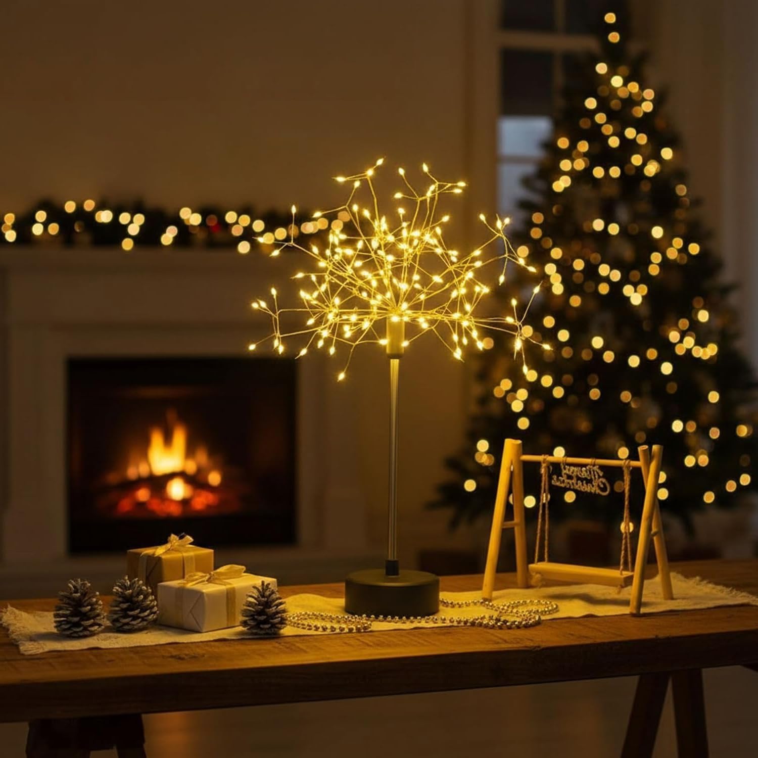Nest and Flowers Table Lights Fireworks, Mini Table Dandelion LED Lamp, Firework Centerpiece Lights for Christmas Decoration, Indoor Home Holiday Tables Night Light Decor Gifts (Warm,1PC)
