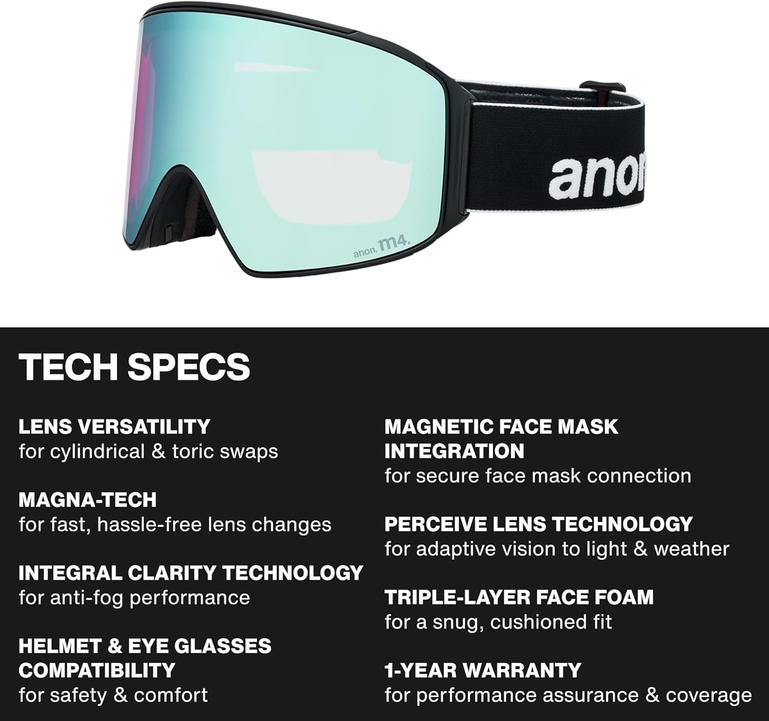 Anon M4 Unisex Cylindrical Ski & Snowboard Goggles – Interchangeable, Anti-Fog, 100% UV Protection & Over the Glasses Fit – Black, Variable Blue Lens, Regular Bridge