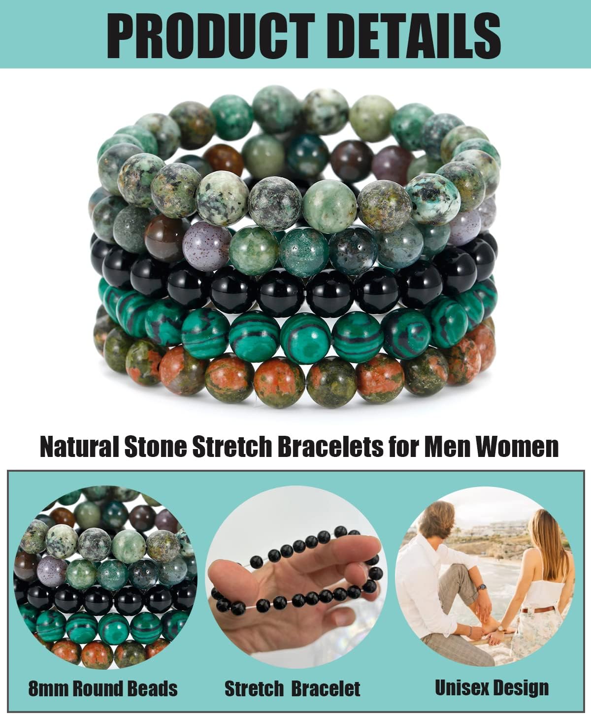 BOMAIL 5PCS Semi-Precious Gemstone Bracelet - Healing Crystal Stone Beaded Bracelets for Women Men 8mm Round Beaded Stretch Bracelets Unisex Yoga Bracelets - Image 2