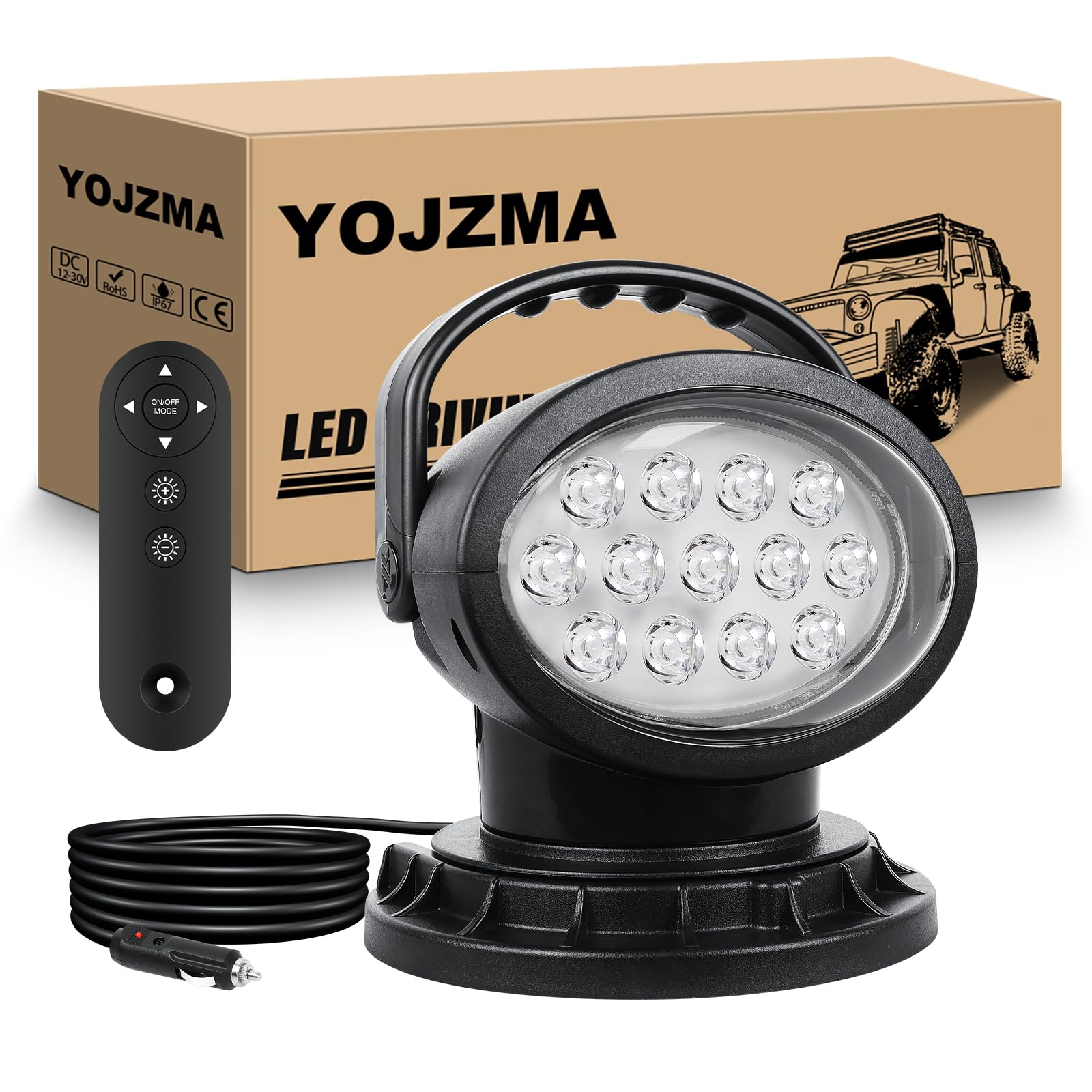 38W Projecteur LED Télécommandé, Lampe de Travail LED Rotative 360° avec Mode Strobe, Aimants Puissants Intégrés, Luminosité Réglable, Projecteur 12V 24V pour Camions Bateaux Chasse