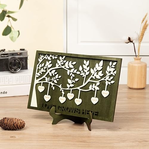 Vista 97 de Árbol genealógico con etiqueta de corazón, placas de madera grabadas personalizadas, regalos personalizados para madres, padres, escritorio, nombres