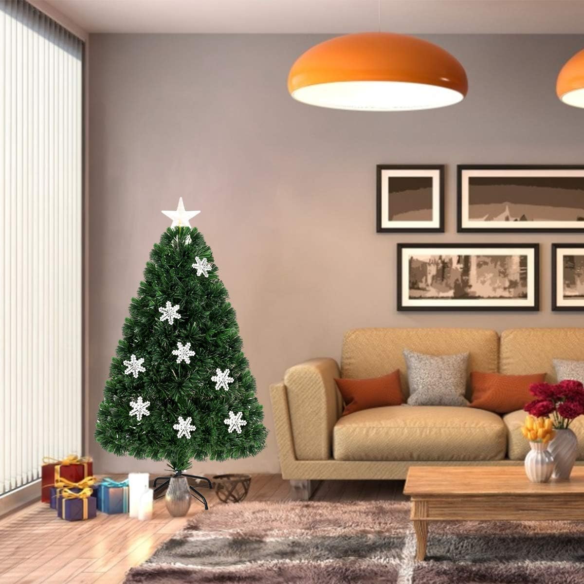 Goplus 4FT Pre-Lit Fiber Optic Artificial Christmas Tree, with Multicolor Led Lights and Snowflakes (4FT)