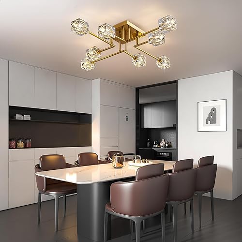Miniatura 5 de Lámpara de techo moderna de cristal, lámpara de techo semiempotrada con 8 luces, candelabros Sputnik dorados para dormitorio, comedor, cocina de