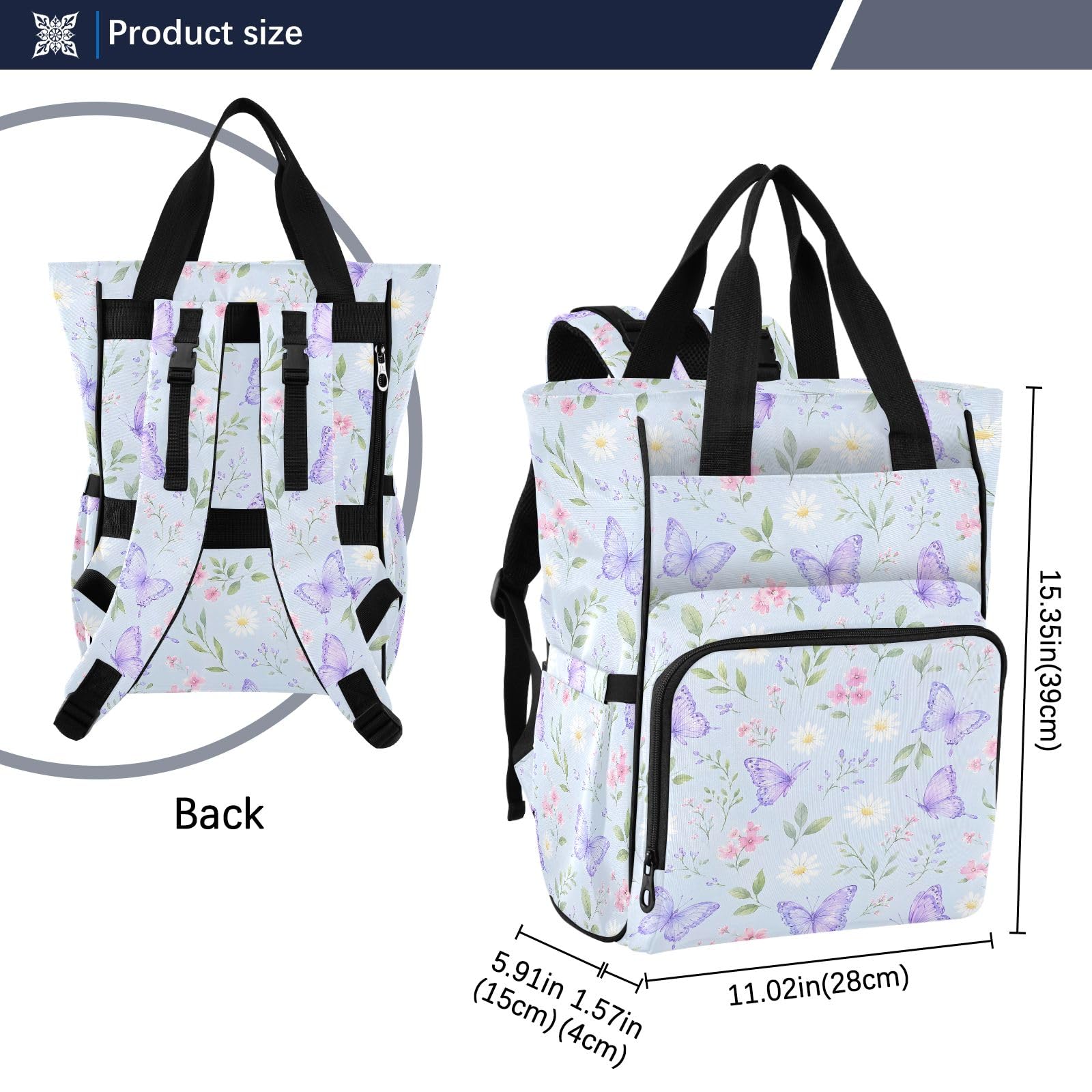 Mnsruu Flwoer Butterfily Borsa per pannolini per bambini, zaino grande, impermeabile, da viaggio, per mamme e papà
