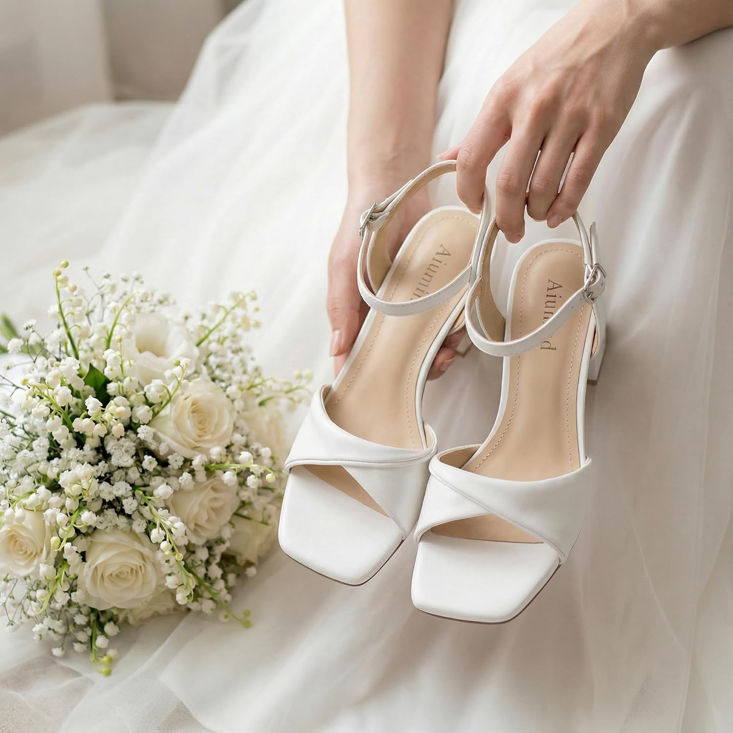 AIUNIIND Block Heels for Women, Square Open Toe Heeled Sandals, Chunky Low Heel 2.68 Inch, Strappy Ankle Strap Shoes for Dress, Party, Prom, Wedding