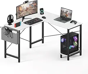 OLIXIS L Shaped Desk, 50-Inch Office Computer Gaming Desks Corner PC Table with Side Bag and Reversible Shelf for Home Work Study Writing White