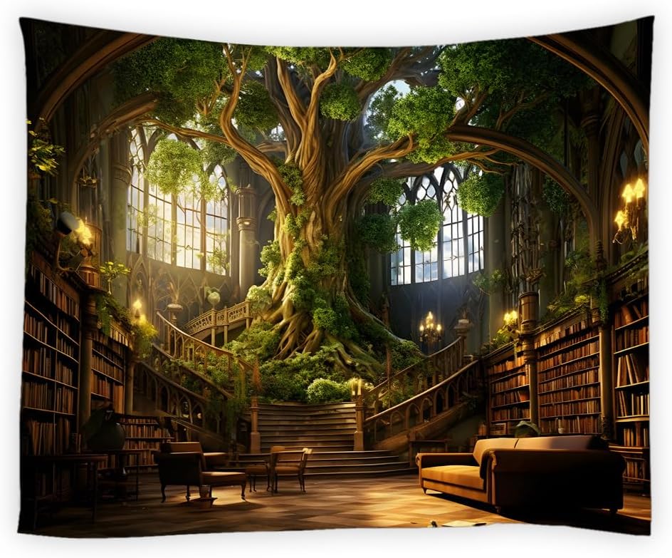 HYKHYK Library Tapestry Vinatge Bookshelf Magic Green Tree Forest Gothic Medieval Retro Castle Education Wall Hanging Art Decor for Bedroom,Living Room,Dorm