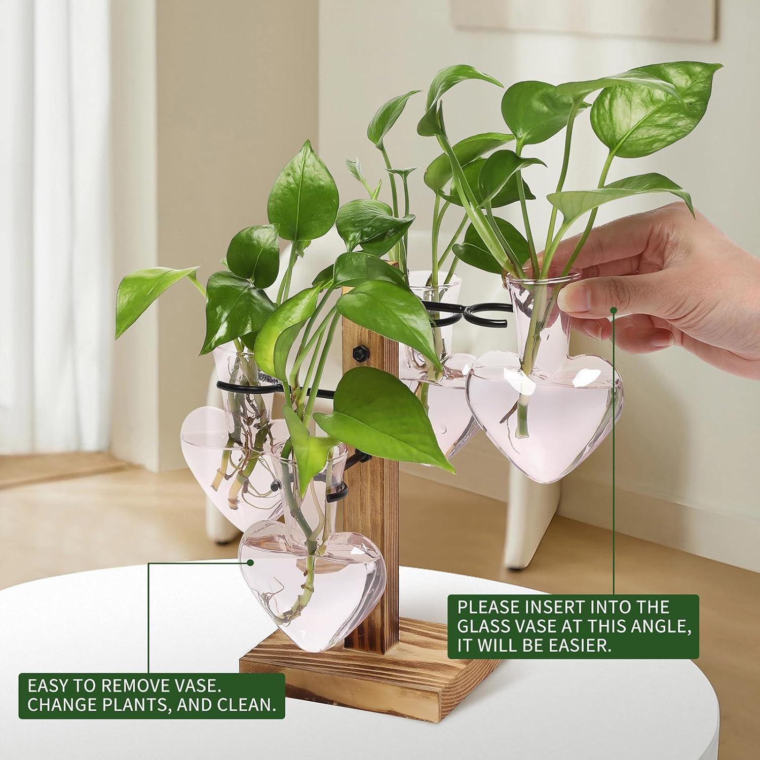 Plant Terrarium Propagation Stations with Wooden Stand, Glass Vase for Indoor Hydroponics Home Garden Office Decoration Gift for Women - 4 Love Bulb Vase - Image 3