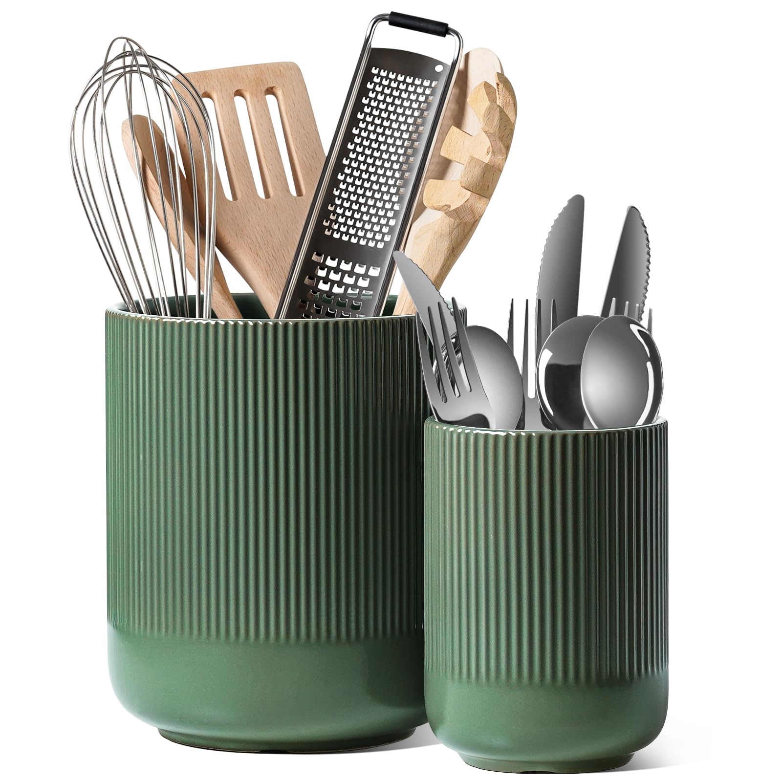 LE TAUCI Utensil Holder, 7.3"+5.4" Ceramic Kitchen Utensil Holder for Countertop, Large Cooking Utensil Crocks for Kitchen Counter, Modern Utensil Organizer for Spatula, Set of 2, Forest Green