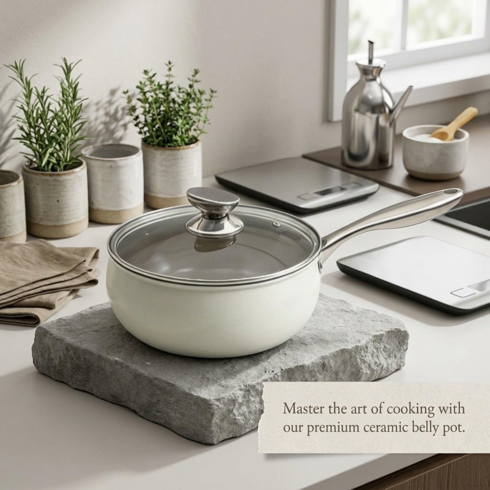 Metall Suppentopf Mit Glasdeckel Und Ergonomischem Griff, Gebogener Körper Für Induktion Und Gasherd, Robuster Kochtopf Zum Kochen Von Suppe Und Nudeln, Weiß(White)