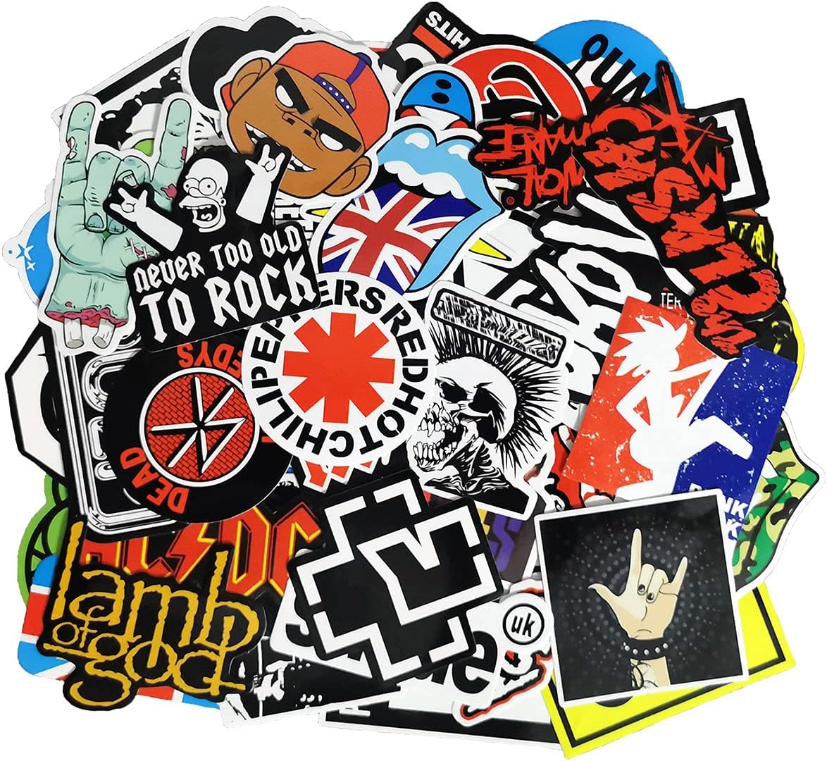 Waterproof Rock Music Stickers Pack (100pcs) for Guitar, Laptops, Water Bottles, Cars, Travel Case, Skateboard, Luggage, Vintage Vinyl Sticker and Decals Pack