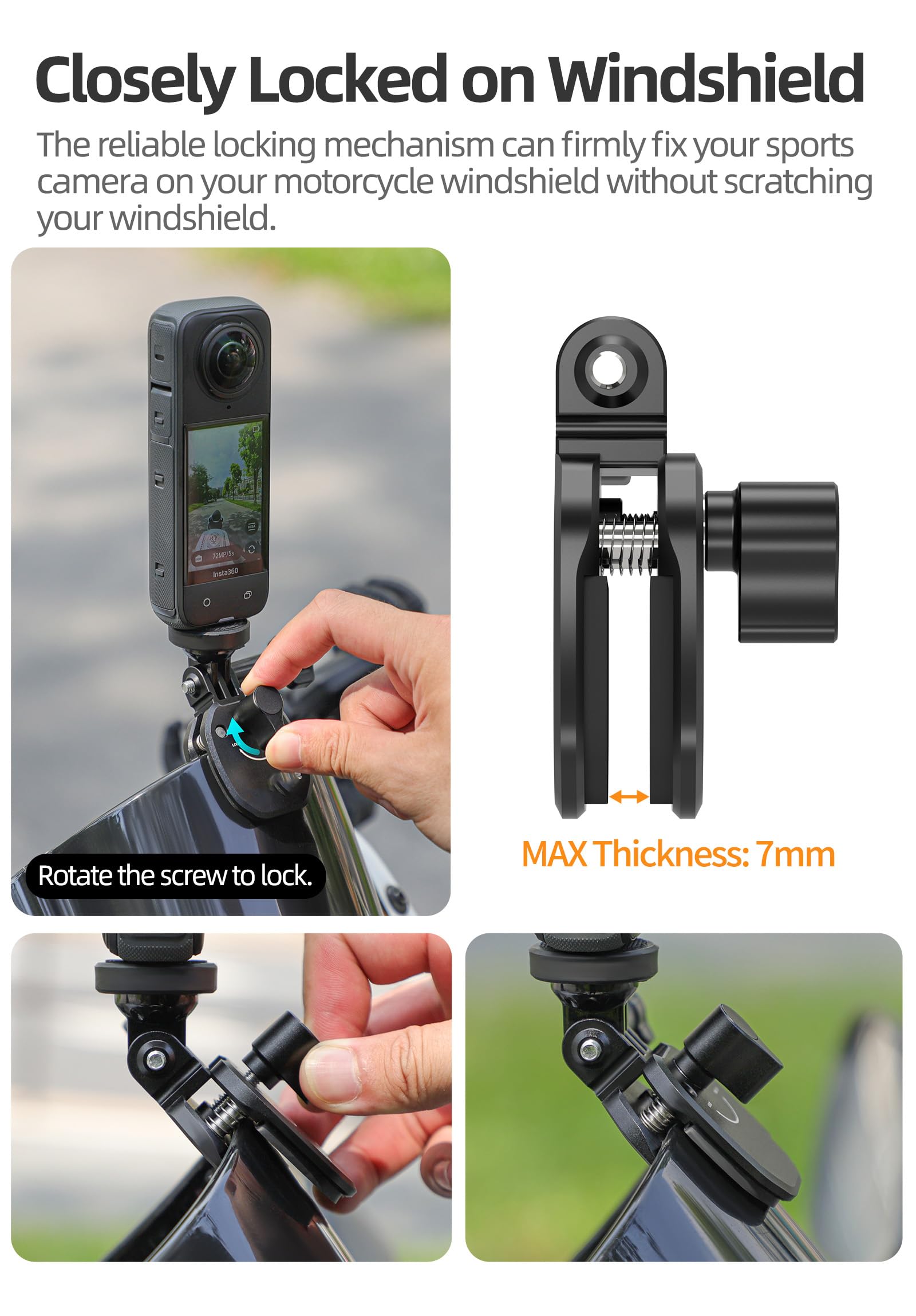 Support Pare-brise Moto GoPro / Insta360 / DJI – Alliage Alu Réglable 180° – Coussinets Silicone – Trou 1/4″ Inclus